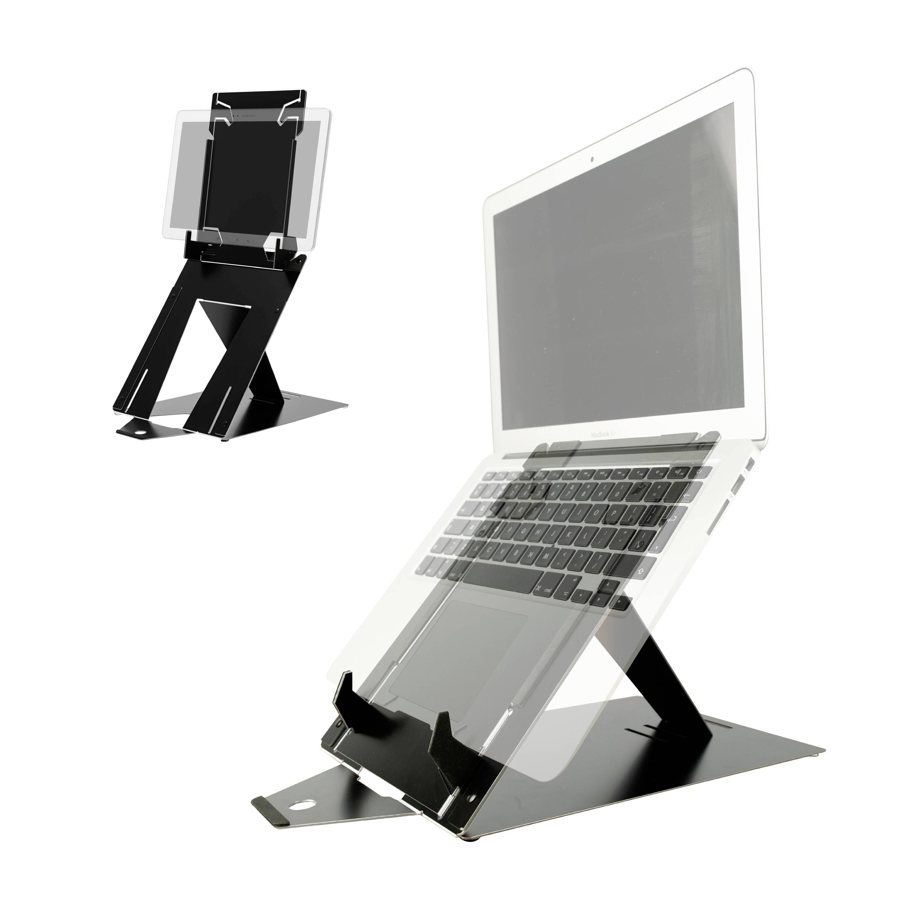 Ein Laptopständer aus Metall, der einen Laptop hält. Ein weiteres kleines Bild zeigt eine alternative Ansicht des Ständers.