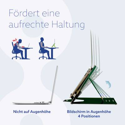 'Fördert eine aufrechte Haltung': Bild vergleicht eine Person mit krummer Haltung und eine Person mit geradem Rücken dank Laptopständer.