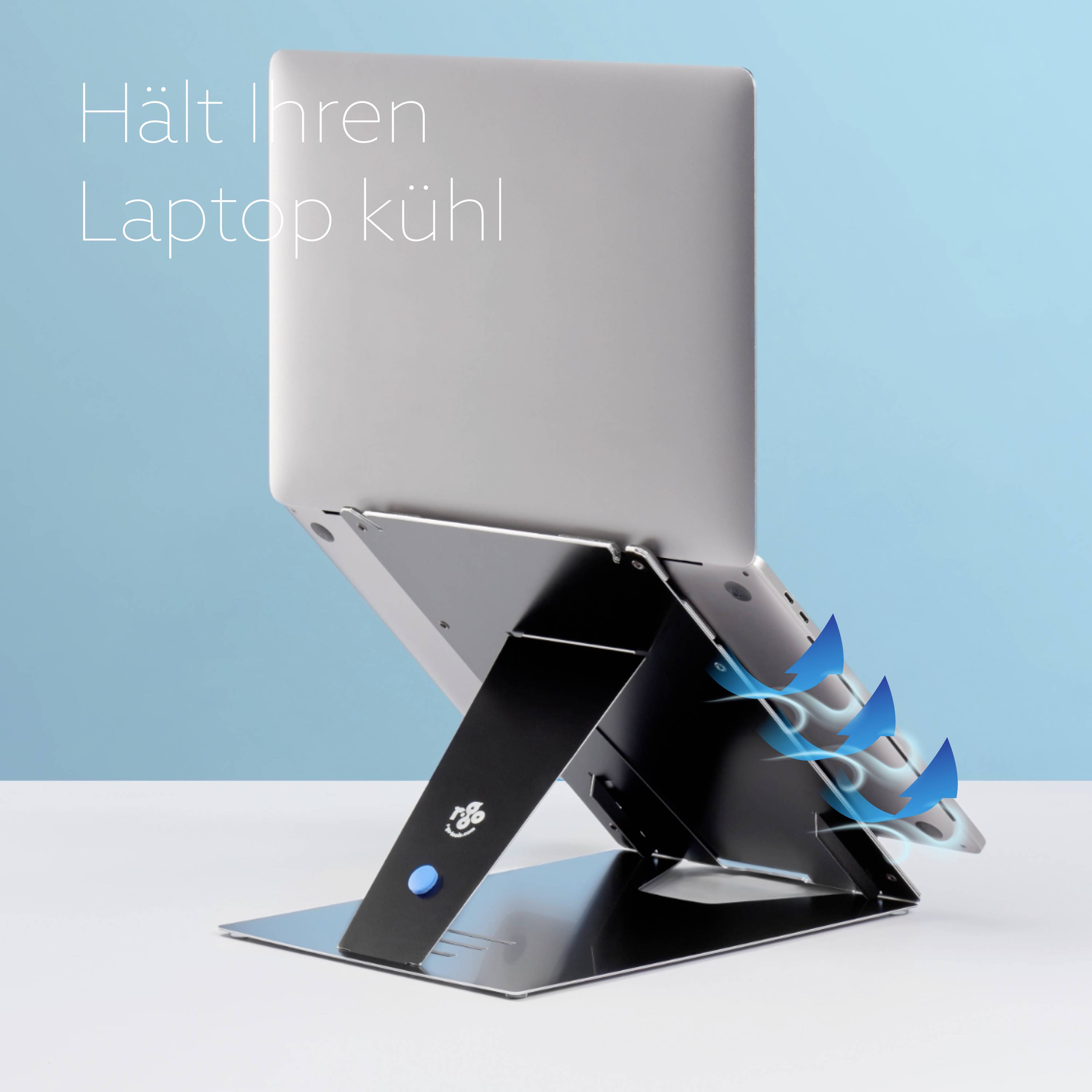 Ein Laptop steht auf einem Ständer, der Luft für Kühlung zirkuliert. Text auf der linken Seite lautet: 'Hält Ihren Laptop kühl'.