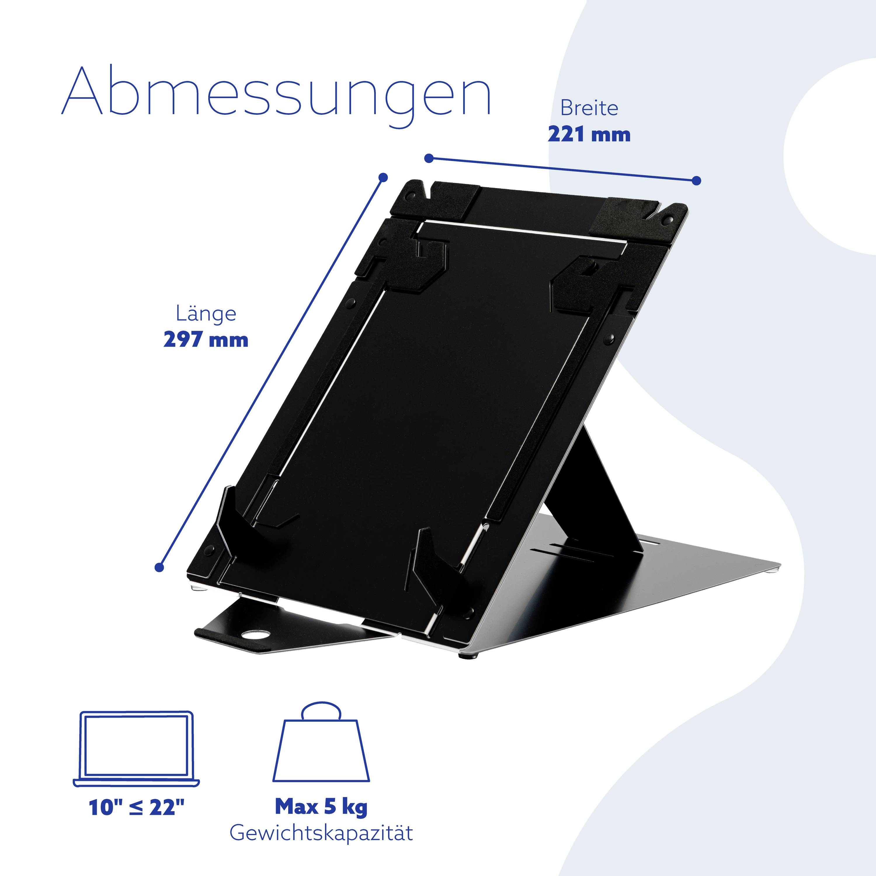 'Abmessungen: Länge 297 mm, Breite 221 mm. Bild eines schwarzen Standfußes. Gewichtskapazität max 5 kg.'