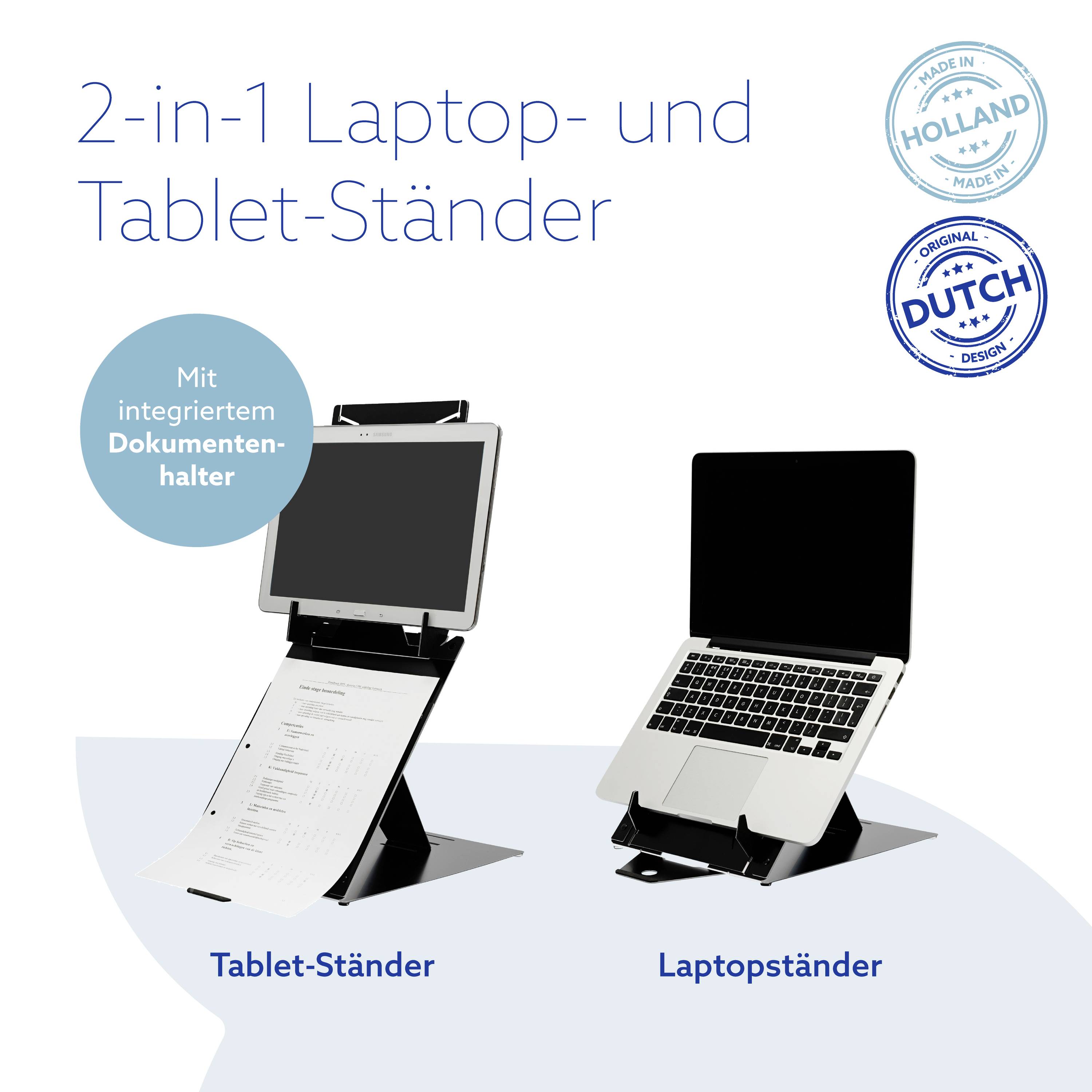 '2-in-1 Laptop- und Tablet-Ständer' mit integriertem Dokumentenhalter. Zwei Ständer für Laptop und Tablet, hergestellt in Holland.