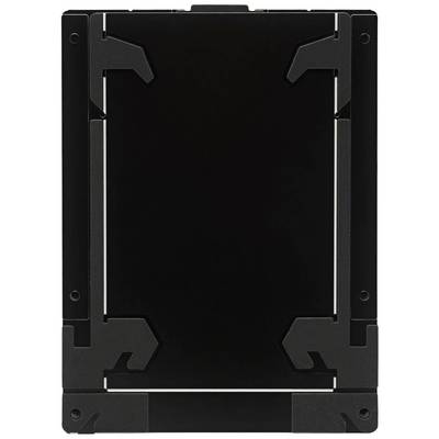 Ein schwarzes Rechteckobjekt mit abgerundeten Ecken und einer strukturierten Oberfläche, umgeben von metallähnlichen Klammern.