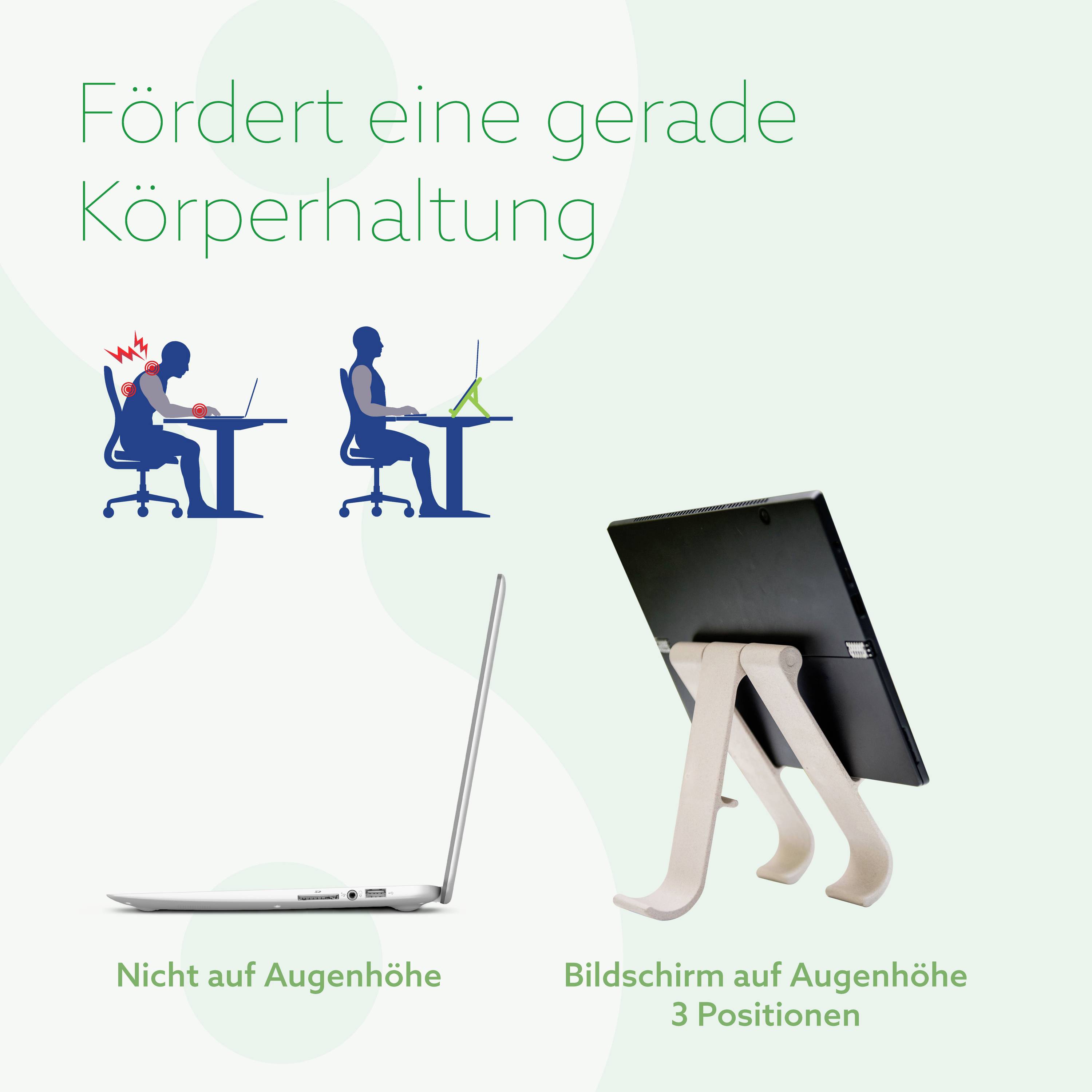 'Fördert eine gerade Körperhaltung' zeigt Schreibtischszenen. Links: unergonomisch, rechts: Bildschirm auf Augenhöhe mit Ständer.