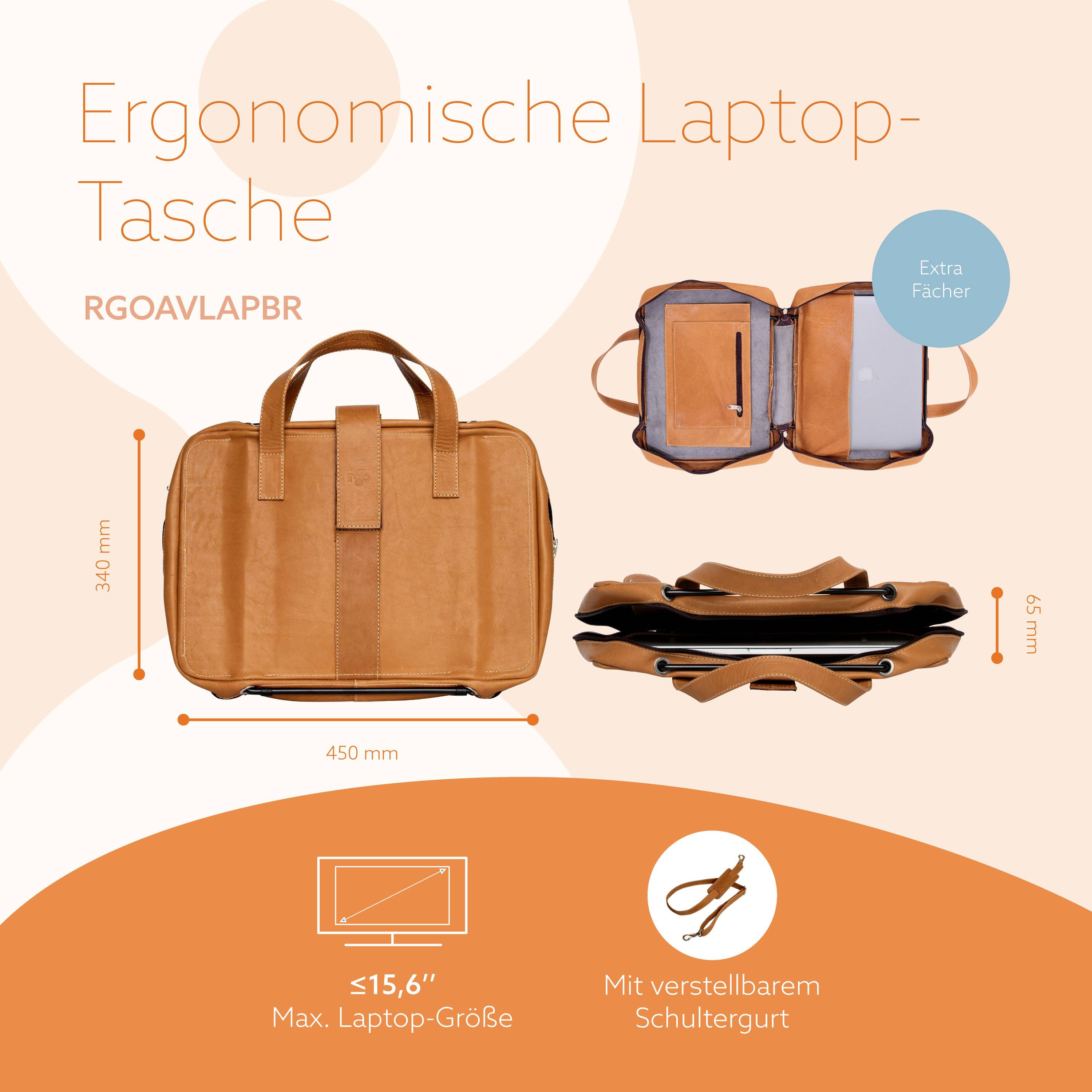 'Orangenfarbene, ergonomische Laptop-Tasche mit verstellbarem Schultergurt, extra Fächern und max. Laptop-Größe von 15,6 Zoll.'