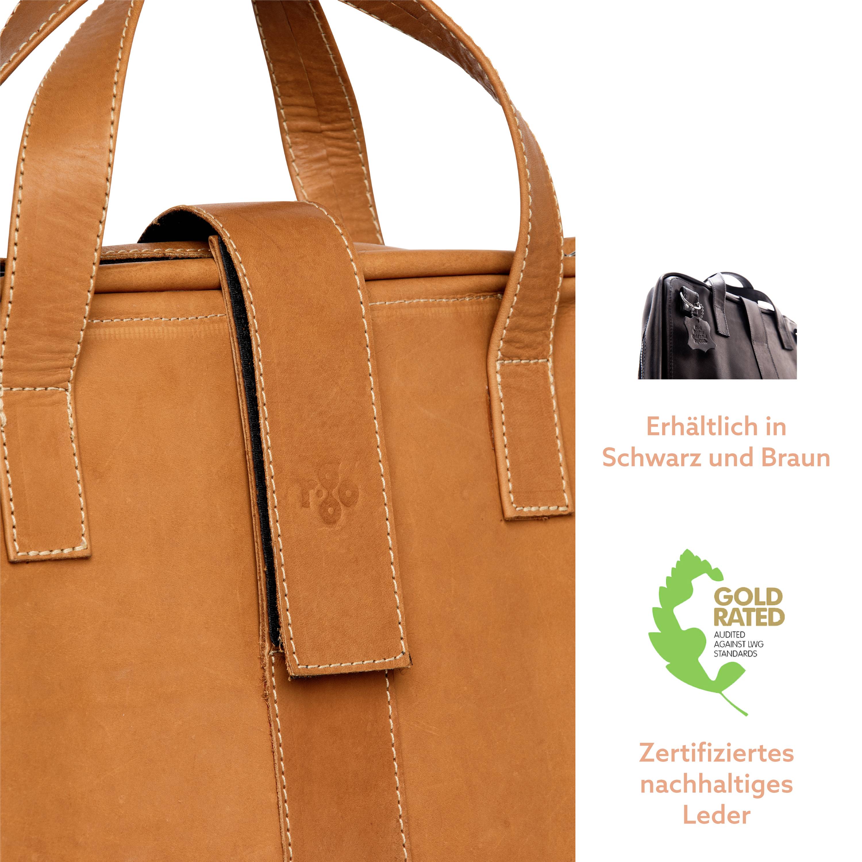 Ein brauner Lederrucksack mit zwei Trageriemen. Text: 'Erhältlich in Schwarz und Braun'. Zertifiziertes nachhaltiges Leder-Logo.