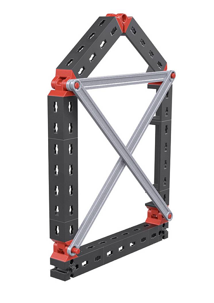 Schwarzer und roter Rahmen mit gekreuzten Metallstreben. Struktur scheint modular und tech-basiert entworfen zu sein.