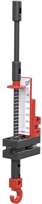 Mechanischer Federkraftmesser mit Skala in Gramm. Rotes und schwarzes Design mit einem Haken unten zum Messen von Gewichtskraft.