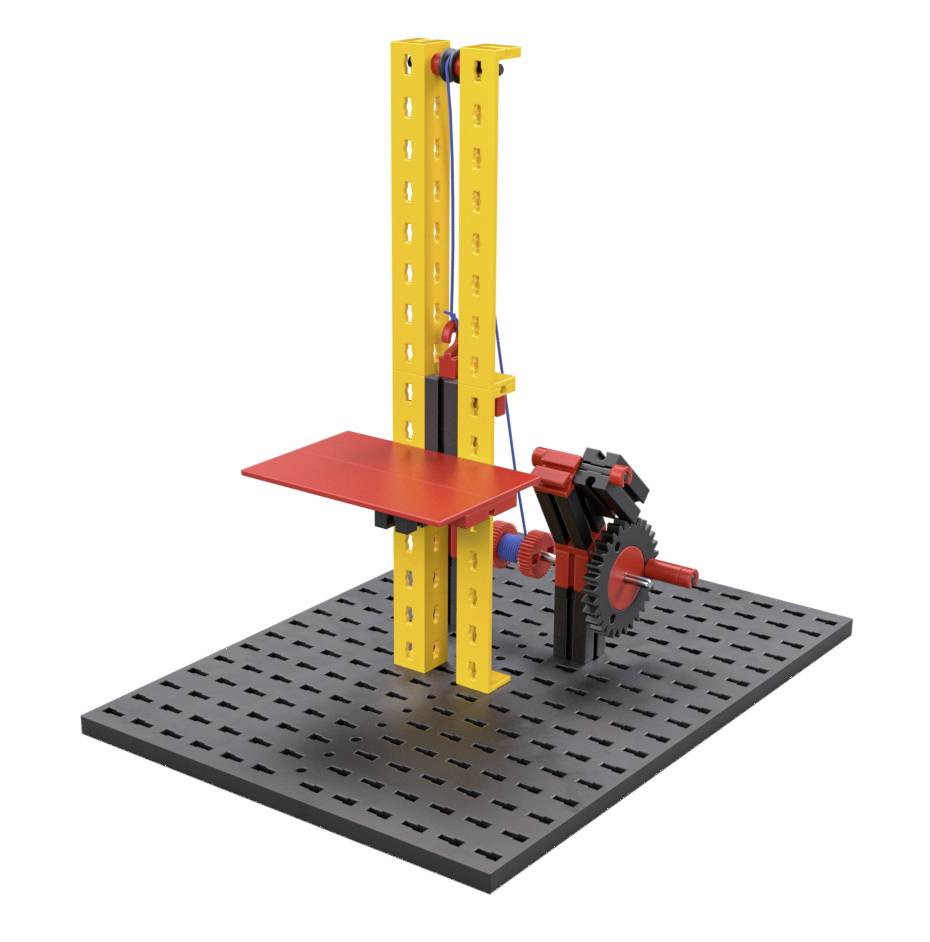 3D-Darstellung eines einfachen Hebemechanismus: Ein rotes Plattformteil bewegt sich vertikal entlang eines gelben Rahmens mit einem Zahnradantrieb.