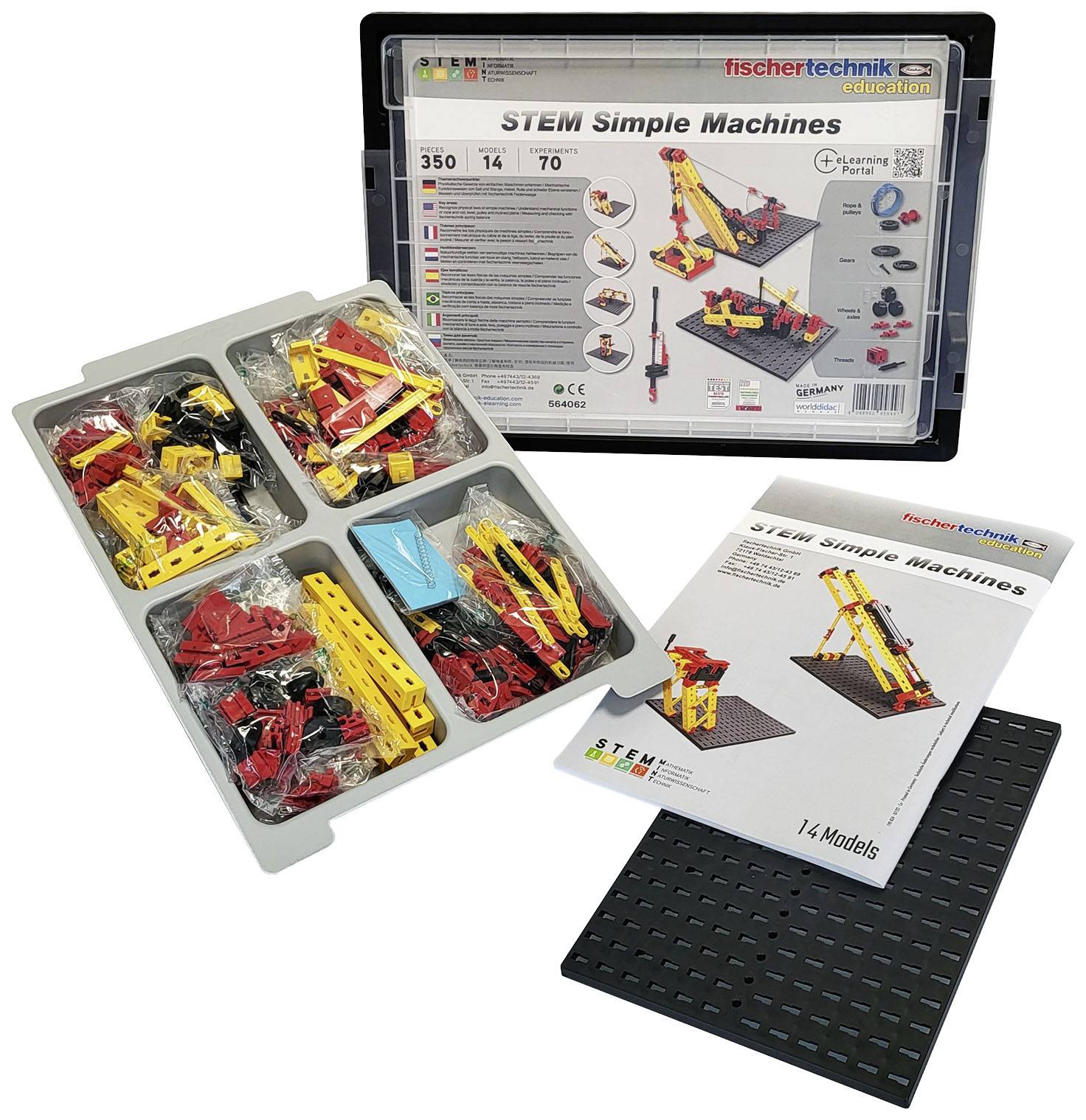 Konstruktionsset für einfache Maschinen mit Bauteilen in Rot und Gelb. Set enthält Anleitungen für 14 Modelle. Ideal für STEM-Bildung.