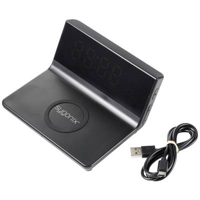 Schwarzes elektronisches Gerät mit digitalem Display und USB-Kabel. Gerät zeigt Uhrzeit und hat eine kabellose Ladefunktion.