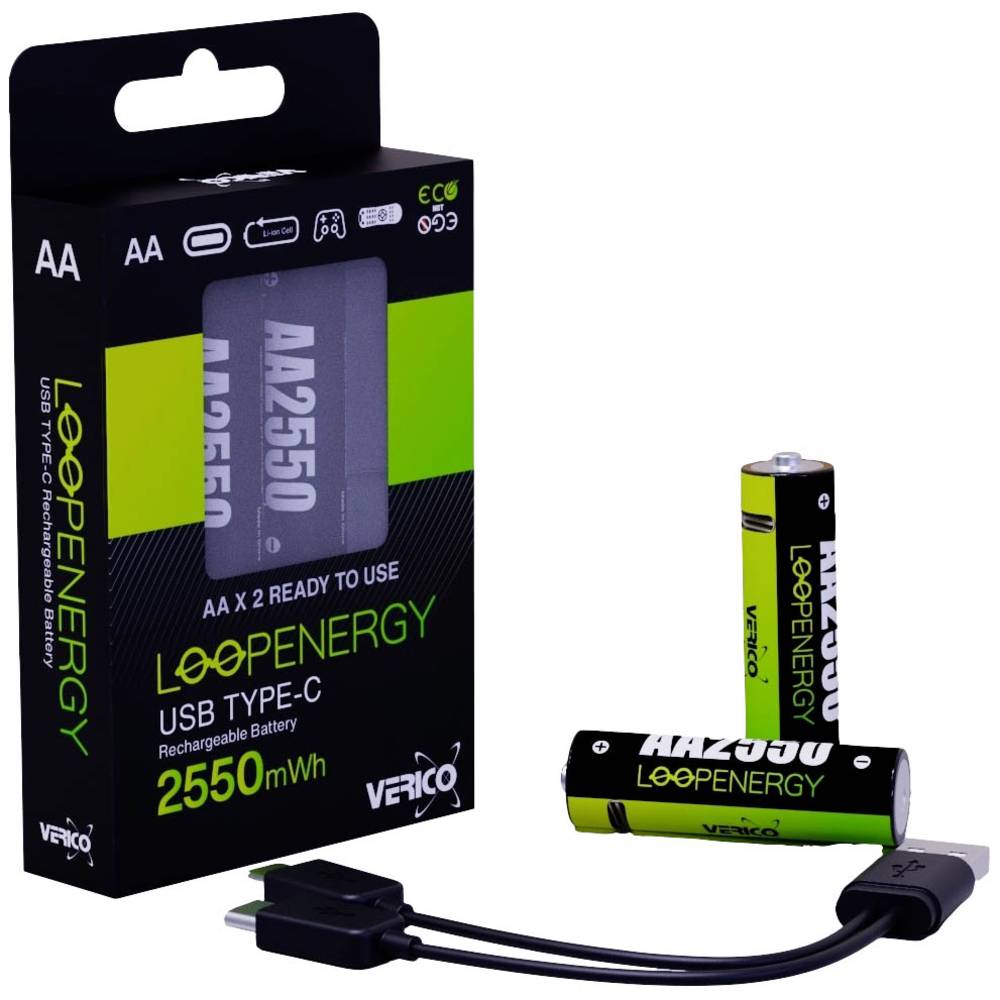 Verico LoopEnergy AA USB-C Mignon-Akku 2550mWh 1,5V 2 St. Oplaadbare AA batterij (penlite) Li-ion 17