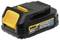 Schwarzer DEWALT 18V Lithium-Ionen-Akku mit gelbem Griff und "POWERSTACK"-Aufschrift.