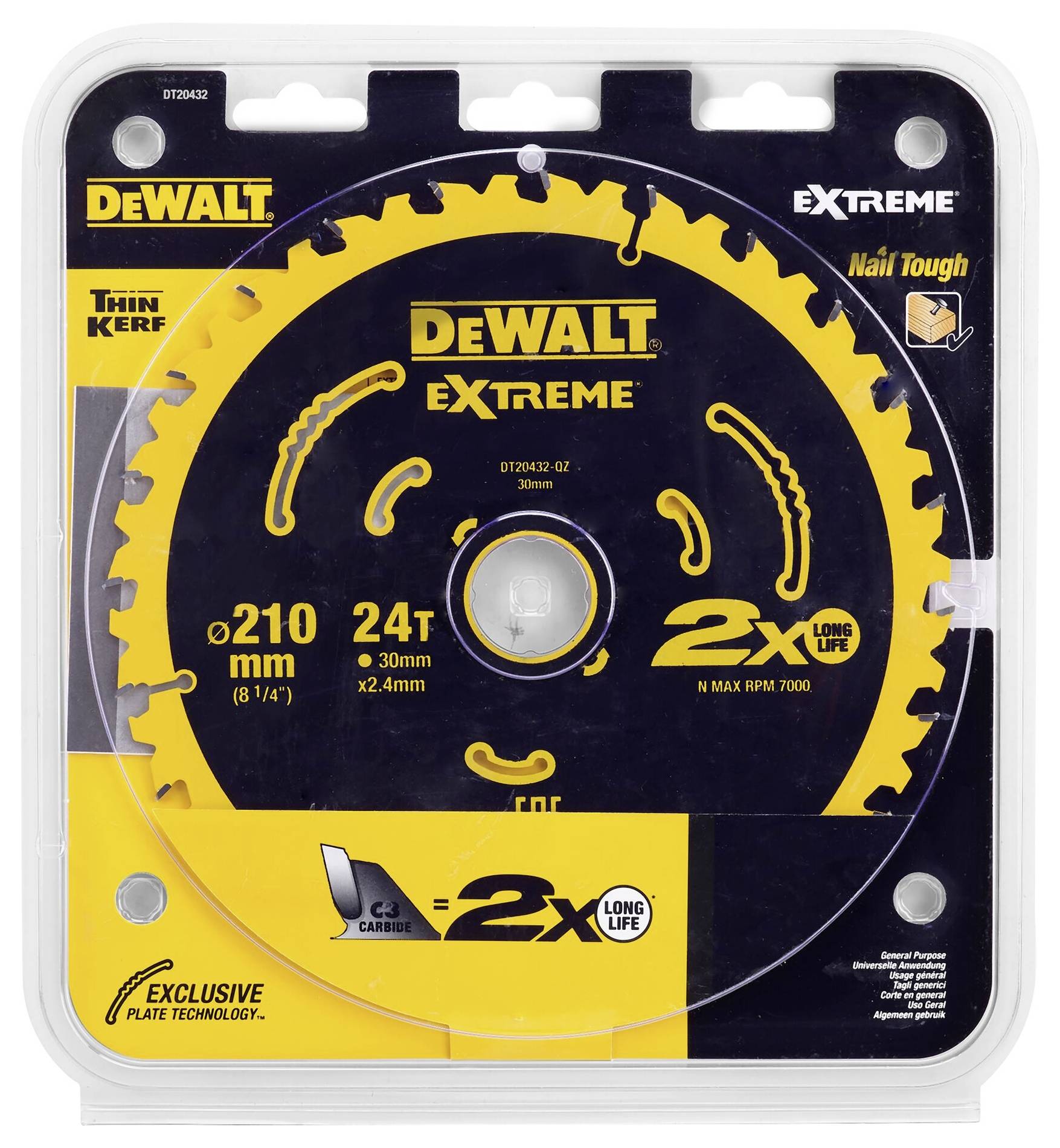 'Sägeblatt von DeWALT für extreme Schnitte, 210 mm Durchmesser, 24 Zähne, geeignet für Nägel, hohe Lebensdauer, 30 mm Bohrung.'