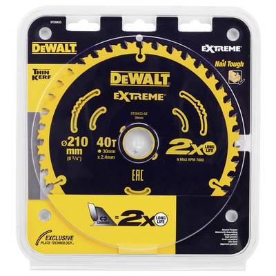 Kreissägeblatt in Verpackung, Marke DeWalt, Modell 'Extreme', Durchmesser 210 mm, 40 Zähne, geeignet für Nägel.