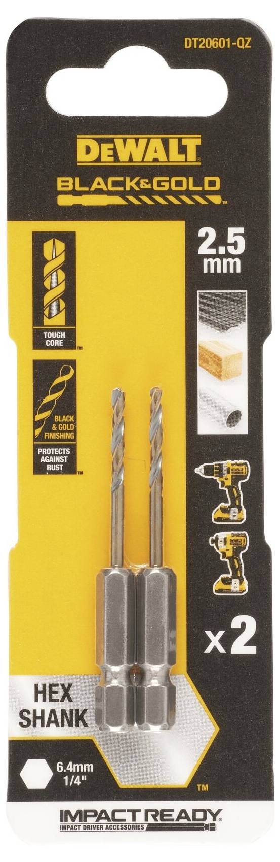 Zwei Bohrer von DeWALT, 2,5 mm, geeignet für Holz usw., mit sechskantigem Schaft, auf einer gelben Verpackung mit schwarzem Aufdruck dargestellt.
