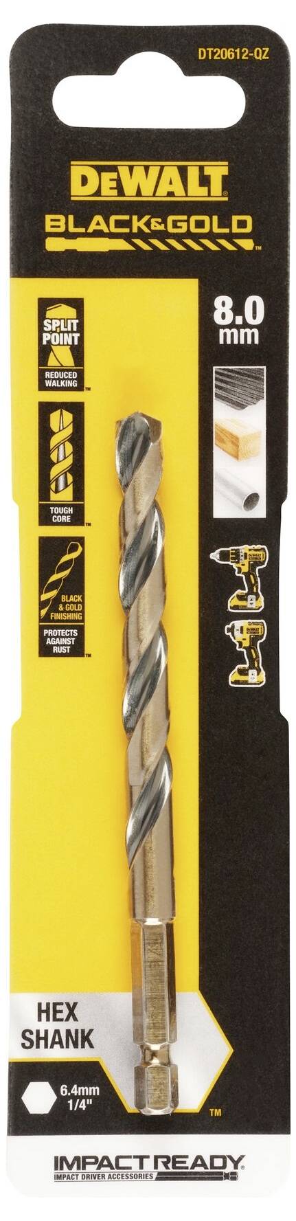 Bohrer von DeWalt mit 8 mm Durchmesser, schwarz-gold, auf einer Verpackung. Für Holz, Metall und Plastik geeignet, Hex-Schaft.