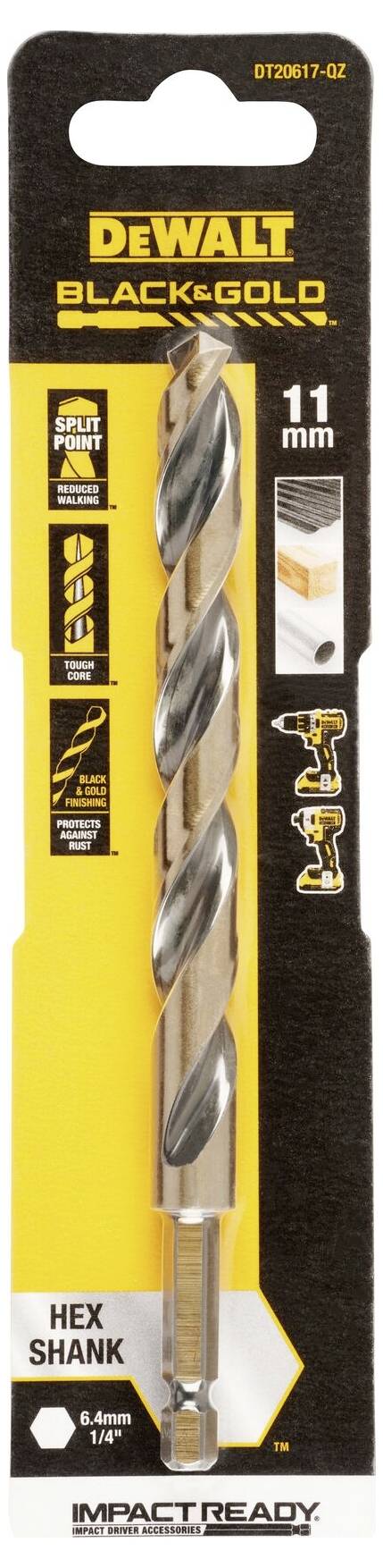 'DEWALT Black & Gold' Bohrer, 11 mm, Hex-Schaft, geeignet für Metall und Holz. Verpackung zeigt Einsatzmöglichkeiten.