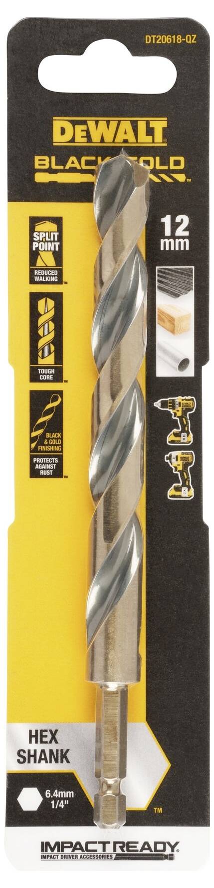 Bohrer von DeWalt, 'Black Gold', 12 mm Größe, auf Kartonverpackung mit Hex-Schaft, geeignet für Schlagbohrer.
