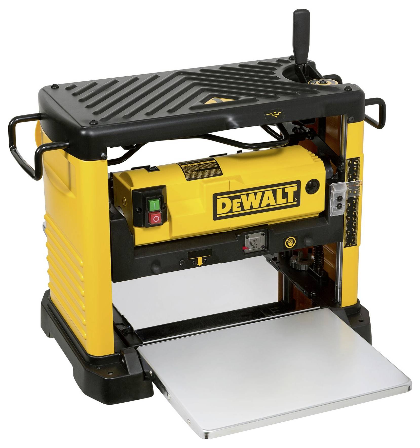 Gelbe DEWALT Hobelmaschine mit schwarzem Gehäuse, Bedienelementen vorne und silberner Aufnahmeplattform unten.