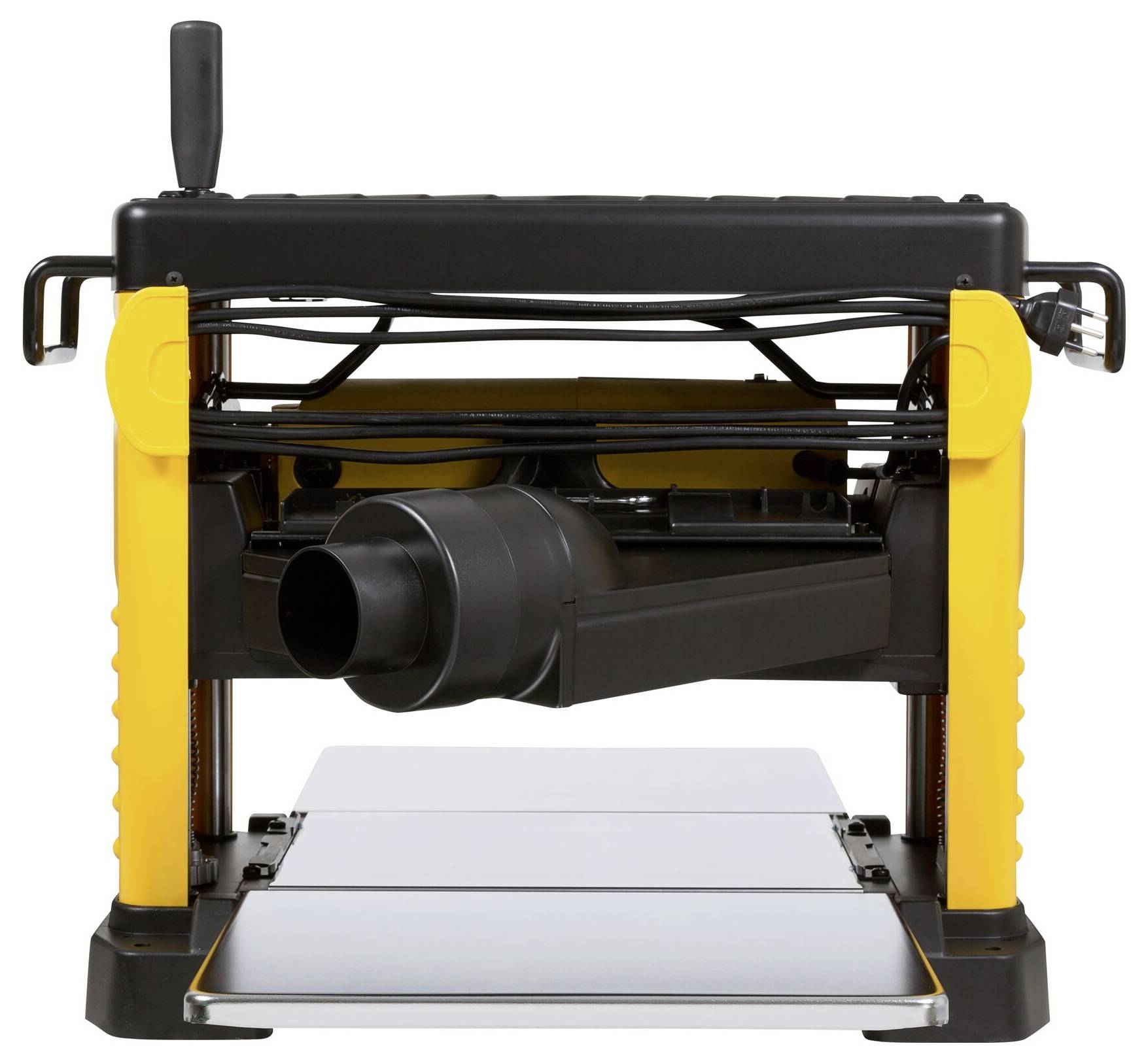 Elektrische Hobelmaschine mit schwarzem und gelbem Gehäuse, großem Ein- und Auslass, zur Holzbearbeitung.