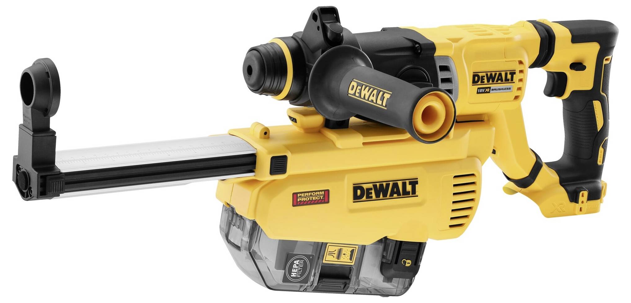 Gelber kabelloser Bohrhammer von DEWALT mit schwarzem Griff und integriertem Staubsauger.