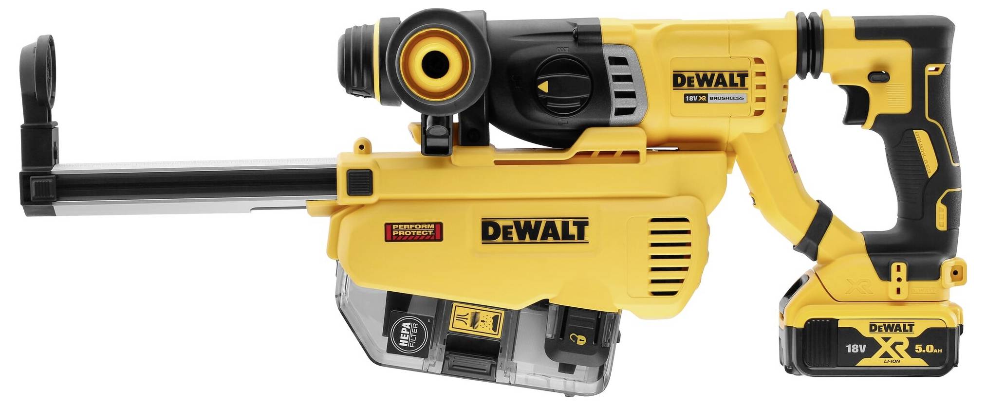 Ein gelbes DeWalt Elektrowerkzeug mit Akku, geeignet für Bau- oder Renovierungsarbeiten. Es ist ergonomisch geformt und tragbar.