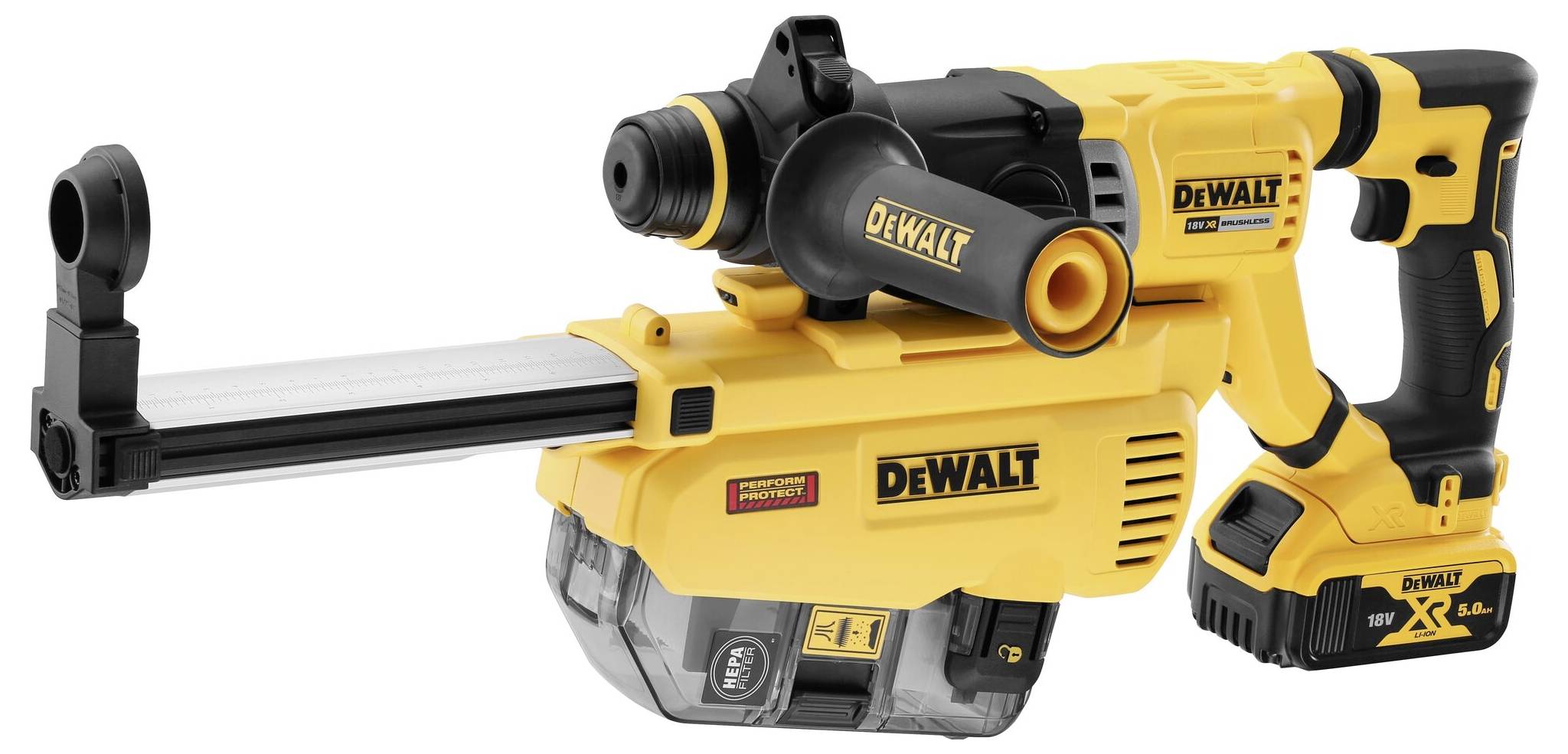 Ein gelber DeWalt-Akku-Bohrhammer mit Staubabsaugung, Seitenhandgriff und schwarzem Griff. Markenname und Modellnummer sind sichtbar.
