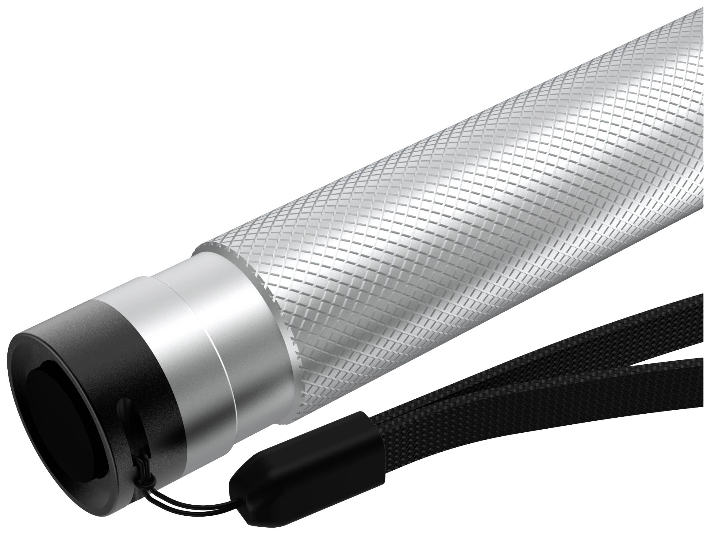 Eine silberne Taschenlampe mit schwarzem Ende und Handschlaufe, auf weißem Hintergrund dargestellt.