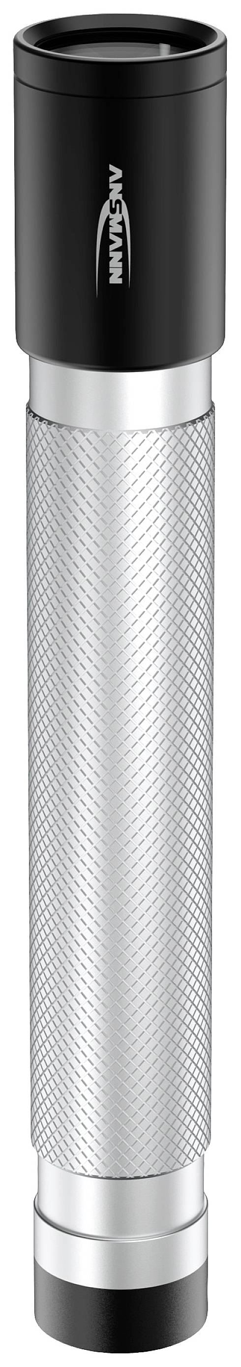 Metallische Taschenlampe mit schwarzem Kopf und silbernem, texturiertem Griff, liegt aufrecht.