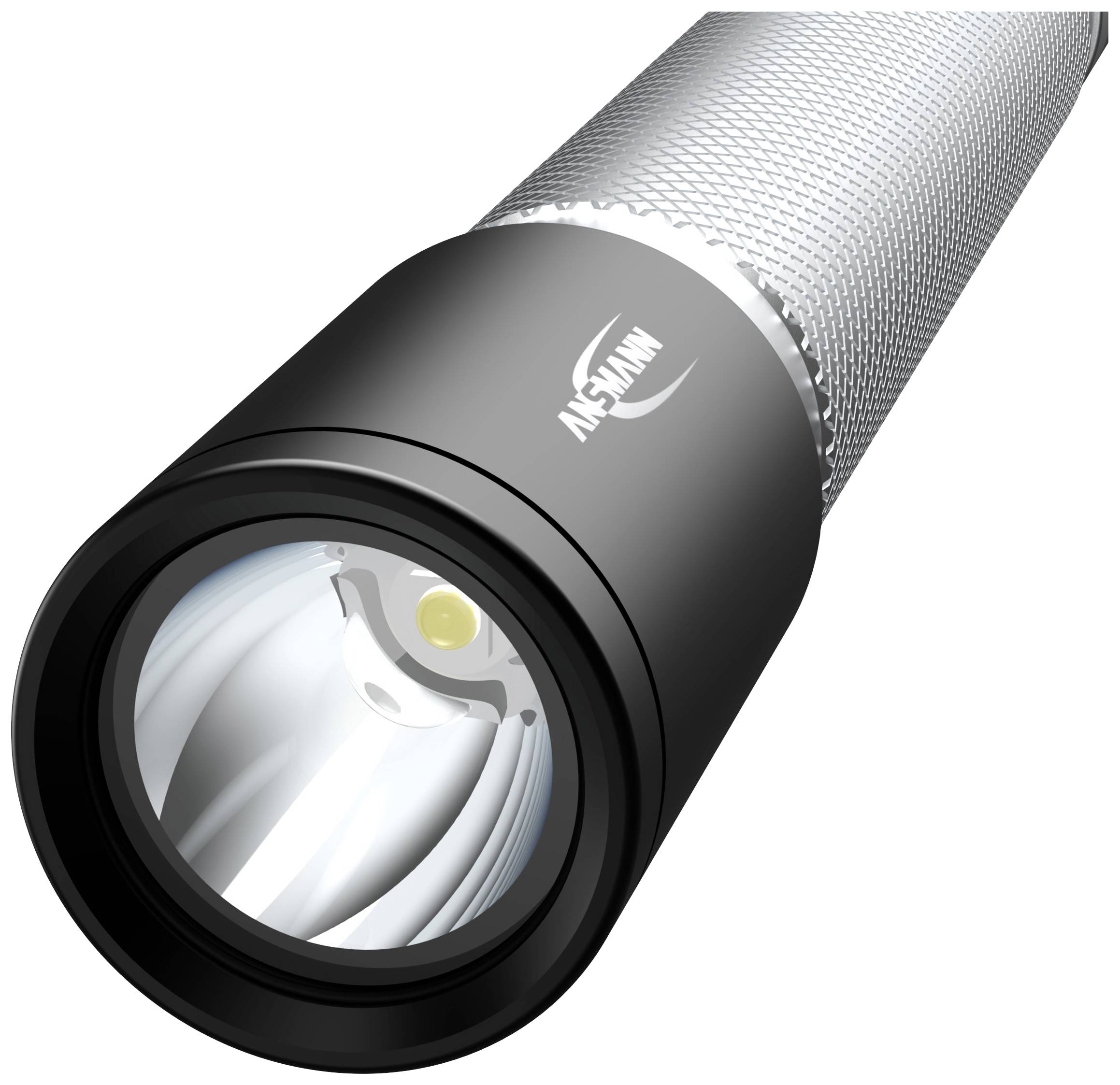 Eine graue Taschenlampe mit rutschfestem Griff und einer LED-Linse, geeignet für den Einsatz im Dunkeln.