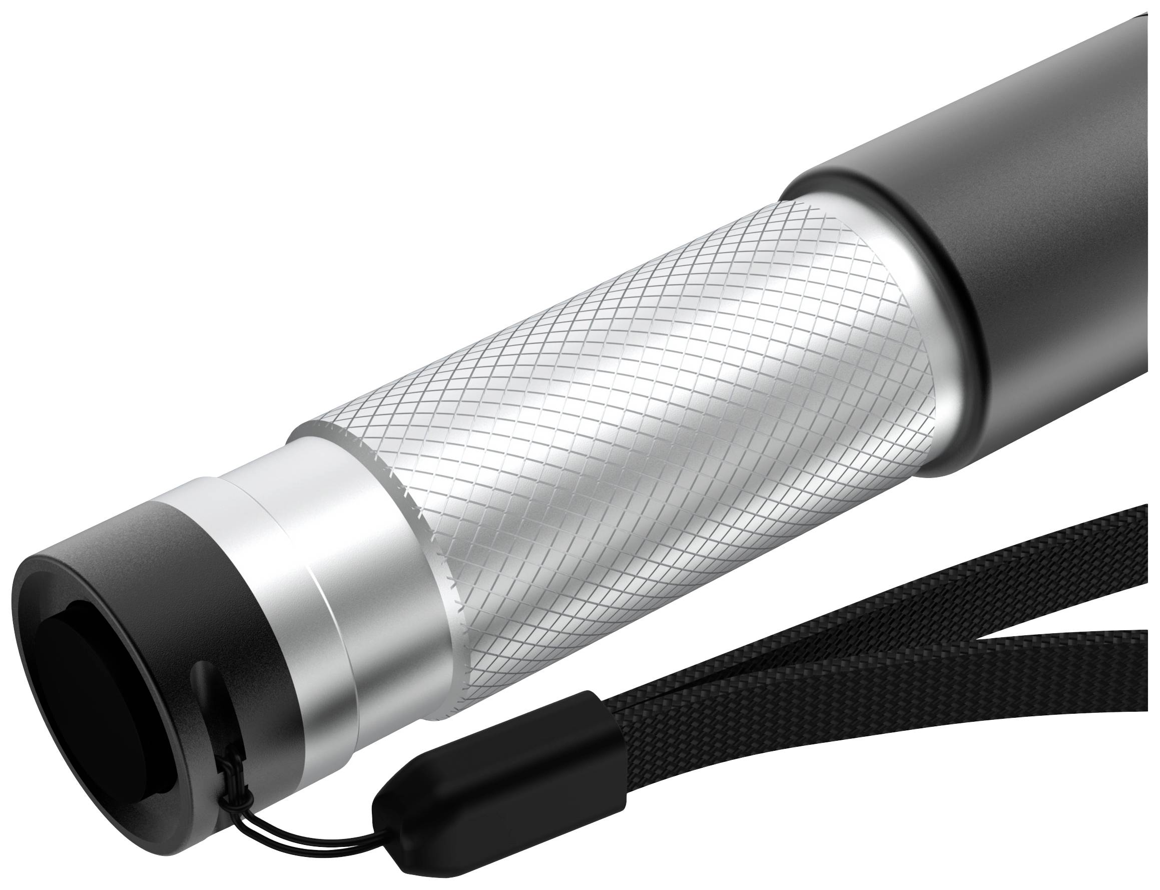 Eine silberne Taschenlampe mit schwarzem Griff und einem Trageriemen.