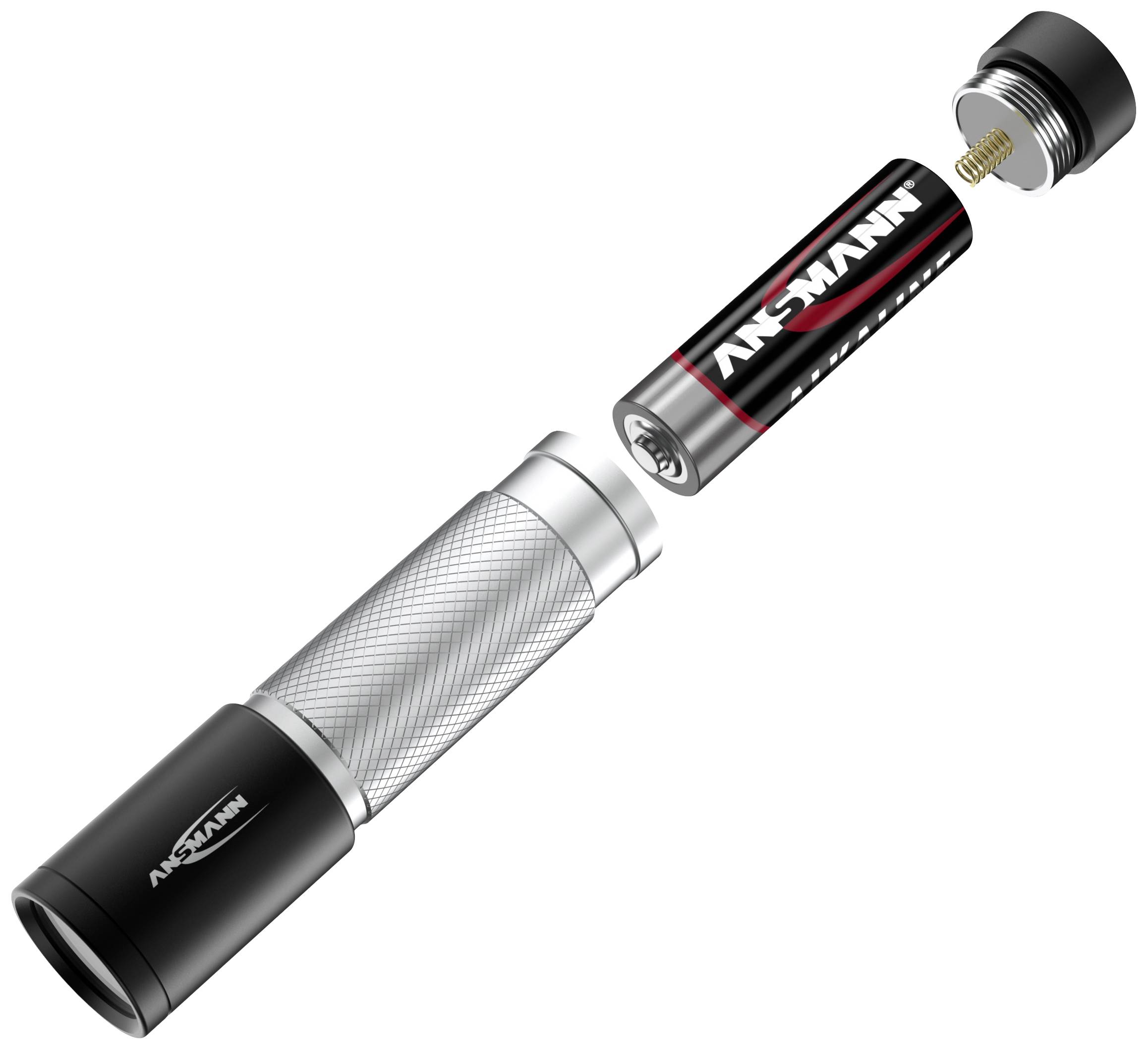 Abbildung einer zerlegten Taschenlampe mit herausgenommener Batterie. Batterie ist zum Austauschen bereit, Teile schweben auseinander.