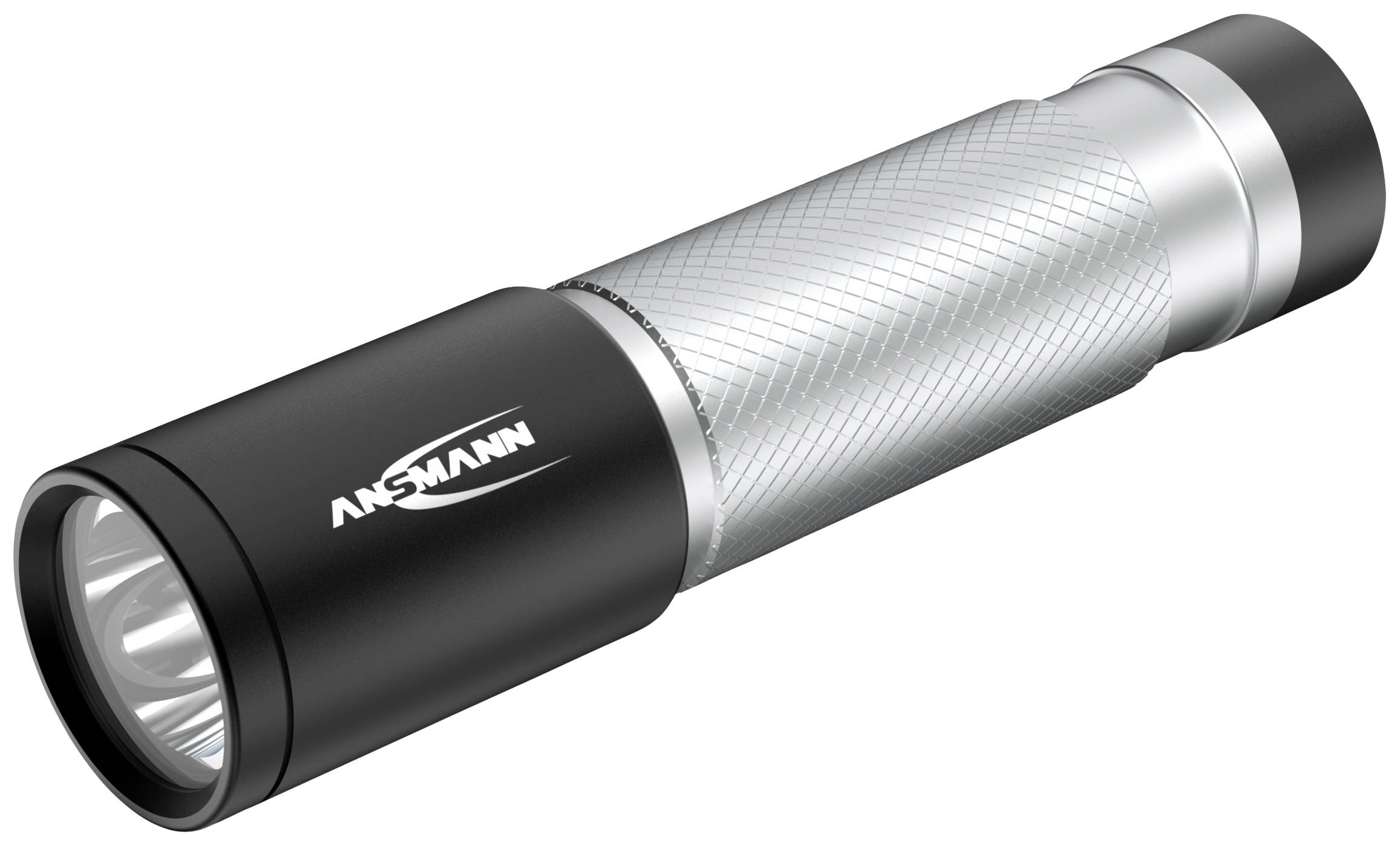 Taschenlampe mit silbernem, rutschfestem Griff und schwarzem Kopf. 