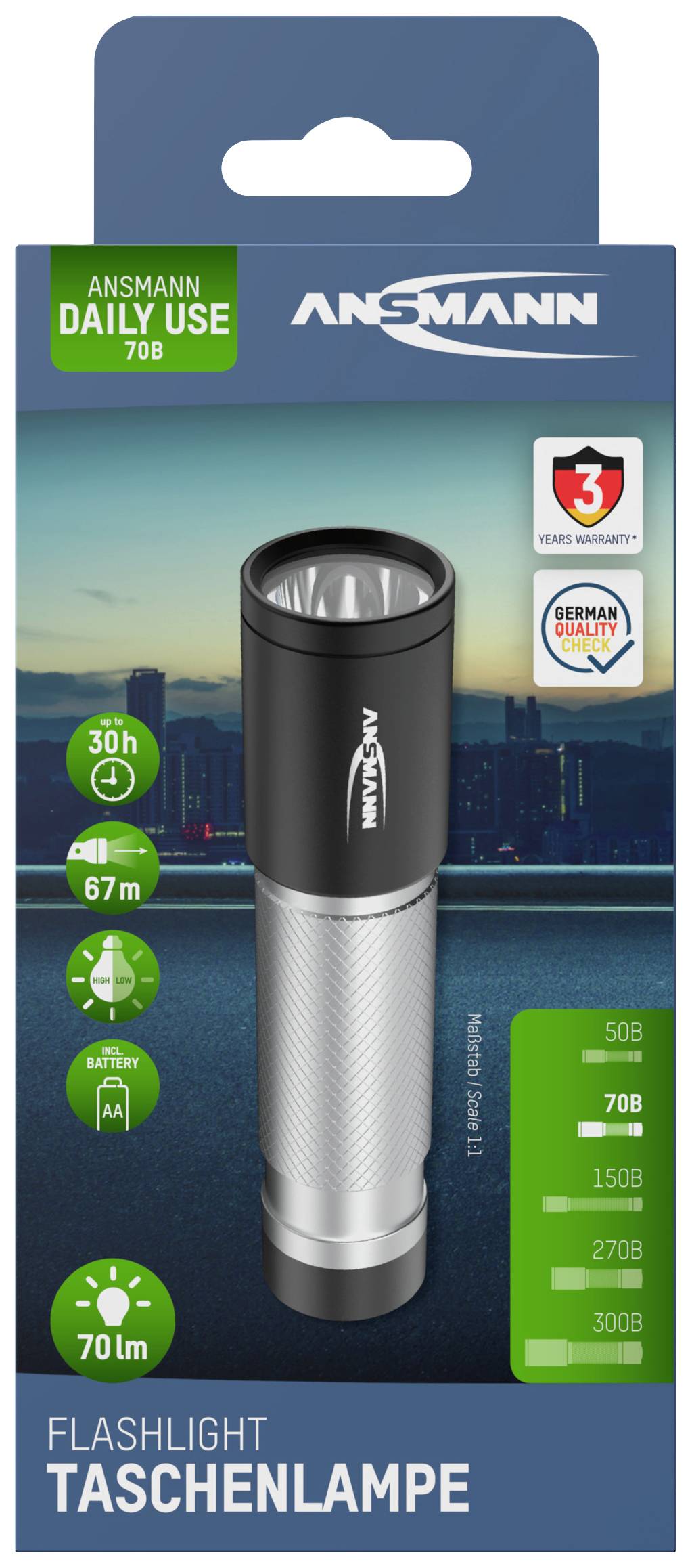'Taschenlampe von Ansmann, Modell DAILY USE 70B, 30 Stunden Laufzeit, 67 m Reichweite, inkl. Batterie. Prüfzeichen 3 Jahre Garantie.'