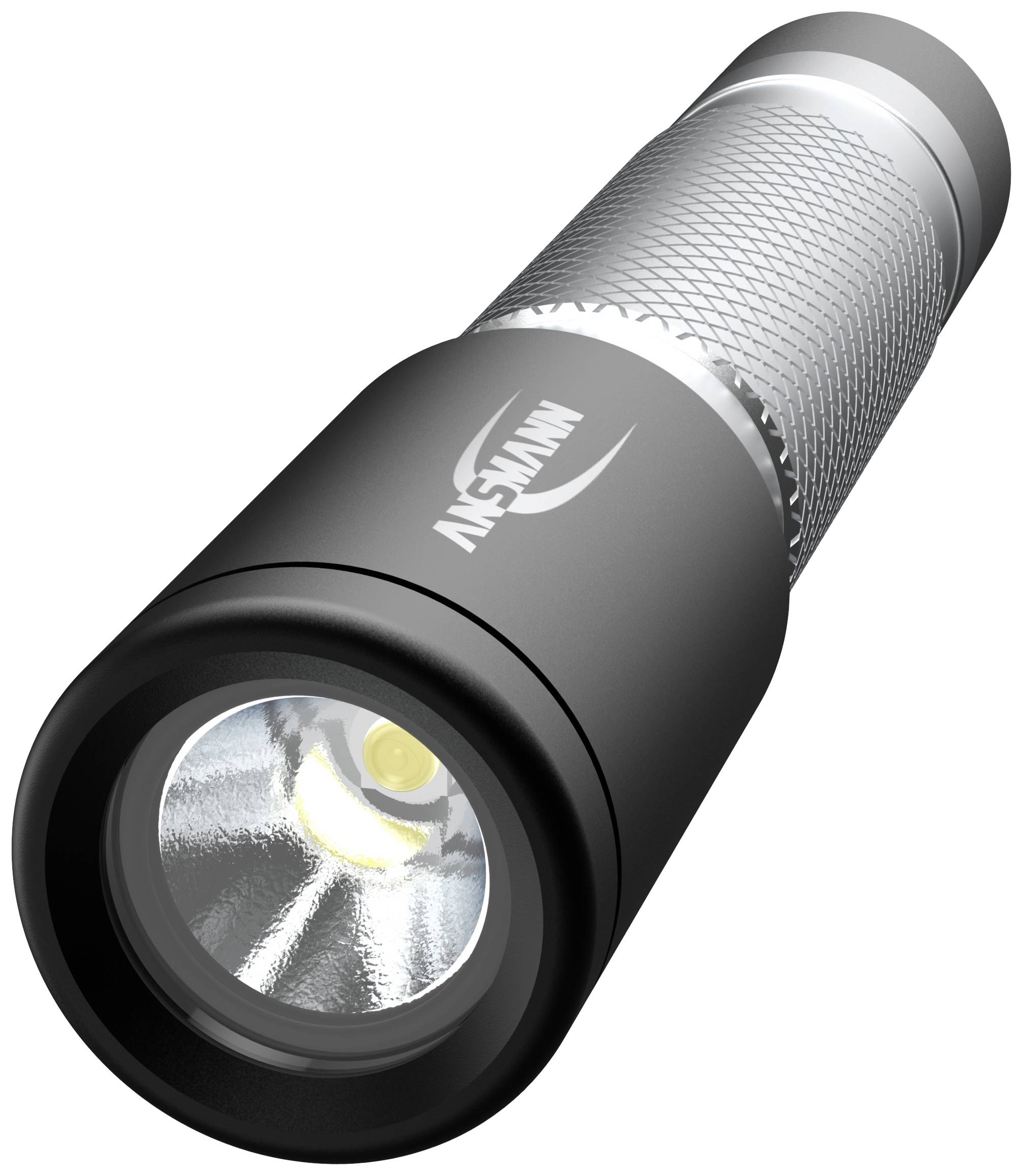 Taschenlampe in silber-schwarz mit geriffeltem Griff.