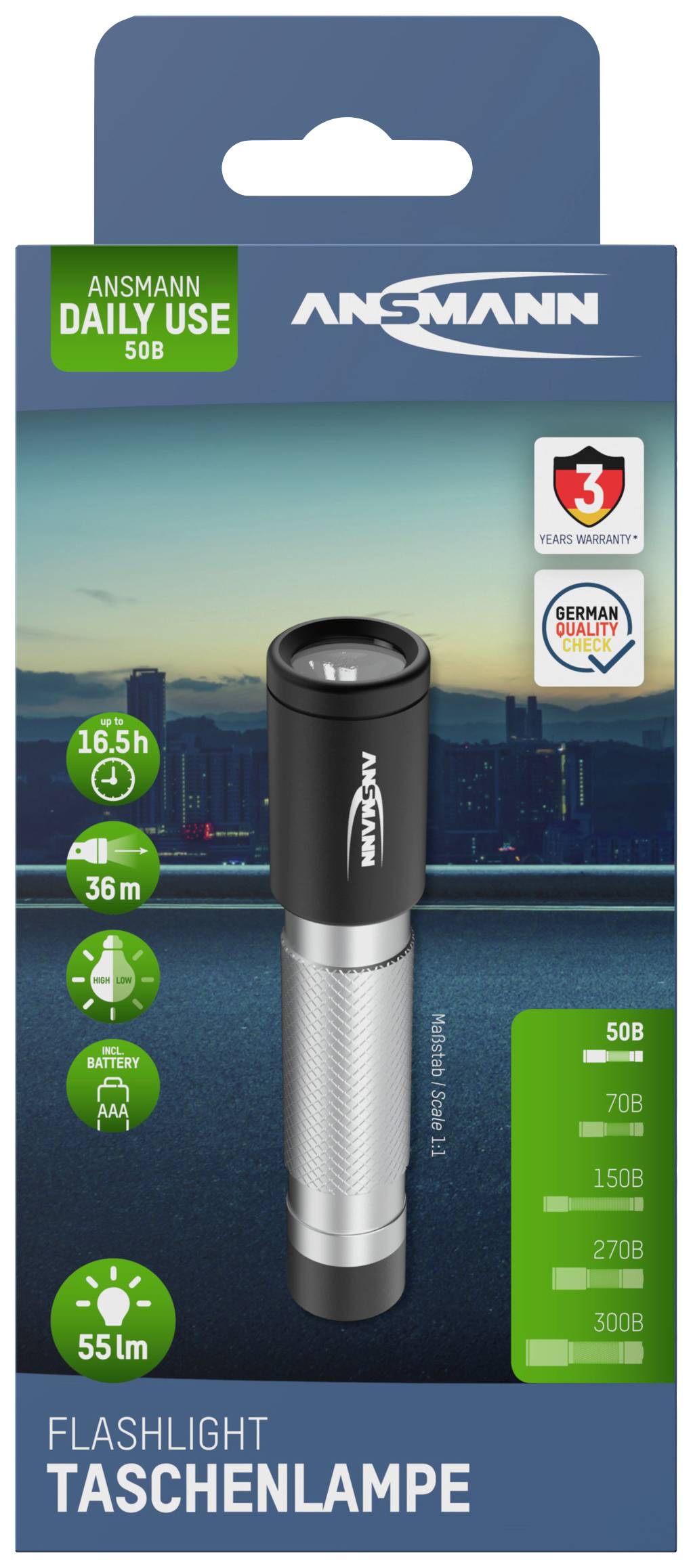 'Taschenlampe: 16,5h Leuchtdauer, 36m Reichweite, 55 Lumen. Enthält 5GB Batterie und wurde prämiert mit einem Preis für hohe Qualität.'