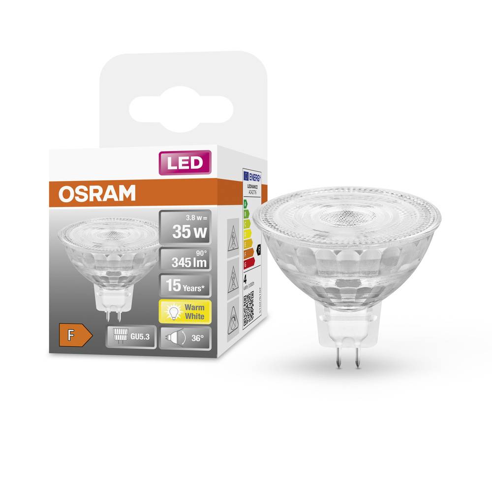 LED-Glühlampe von OSRAM, 35 Watt Ersatz, GU5.3 Sockel, 345 Lumen, 36 Grad Abstrahlwinkel, warmweiß, Energieeffizienzklasse F. Verpackung neben der Lampe.