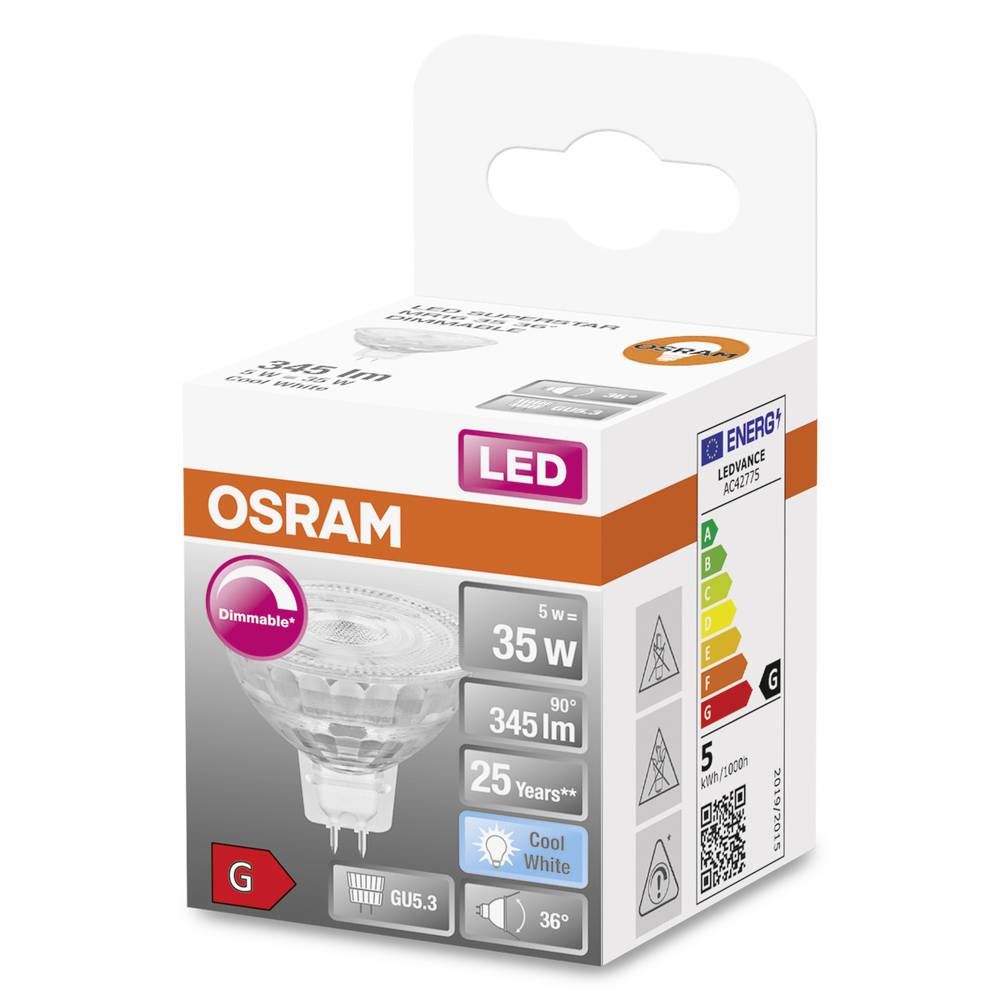 Eine LED-Glühlampenverpackung von OSRAM, mit 5W Leistung, 345 Lumen Helligkeit, kaltweißem Licht, dimmbar, Energieklasse G.