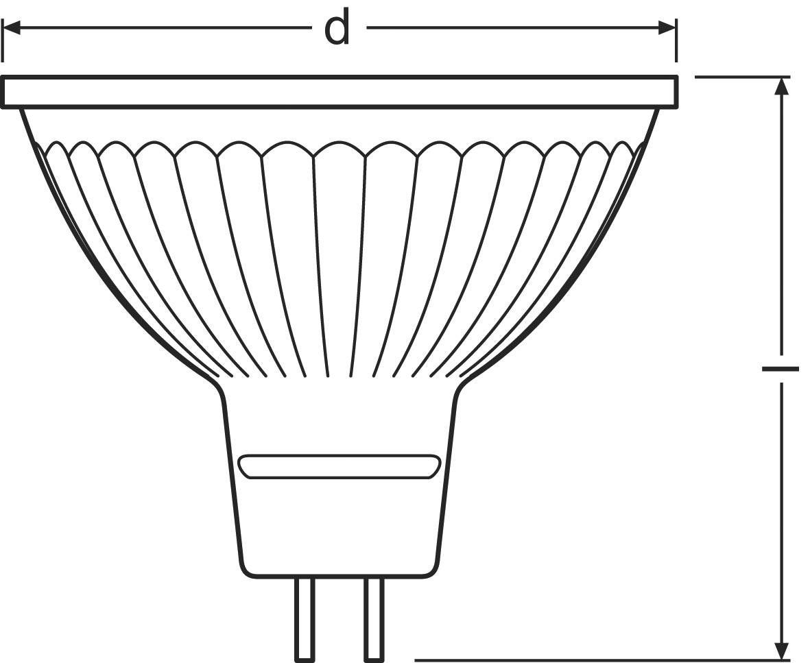 Durchmesser und Höhe einer GU5.3 LED-Lampe in technischer Zeichnung. Detaillierte Seitenansicht mit markierten Maßen 'd' und 'h'.