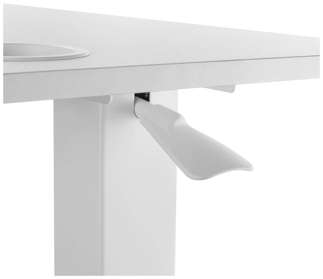 Ein weißer Tisch mit einem zurückziehbaren Haken an der Seite, der zur Aufbewahrung von Taschen oder anderen Gegenständen dient.