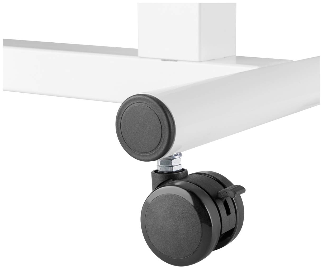 'Nahaufnahme eines weißen Möbelstücks mit schwarzem Rad und Feststellmechanismus.', 'Bodenfreundlich, mobil durch Rollen.'