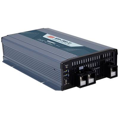 Ein grauer DC/AC-Wechselrichter mit Lüftungsöffnungen und Anschlussbuchsen. Das Etikett zeigt den Hersteller und das Modell 'NDR-1200'.