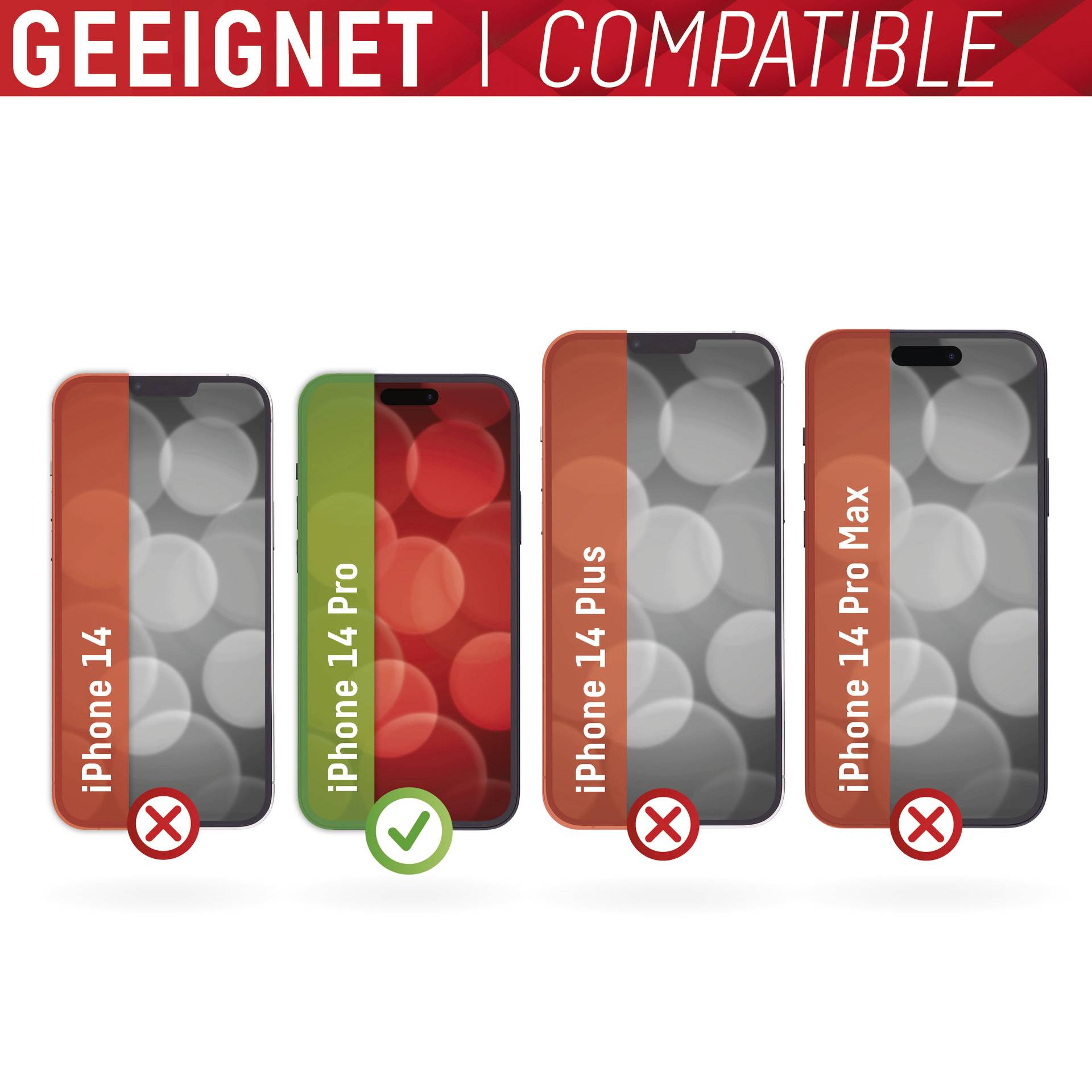 Vier iPhone-Modelle mit Markierungen: iPhone 14 und iPhone 14 Plus mit rotem 'X', iPhone 14 Pro mit grünem Haken, iPhone 14 Pro Max mit rotem 'X'.