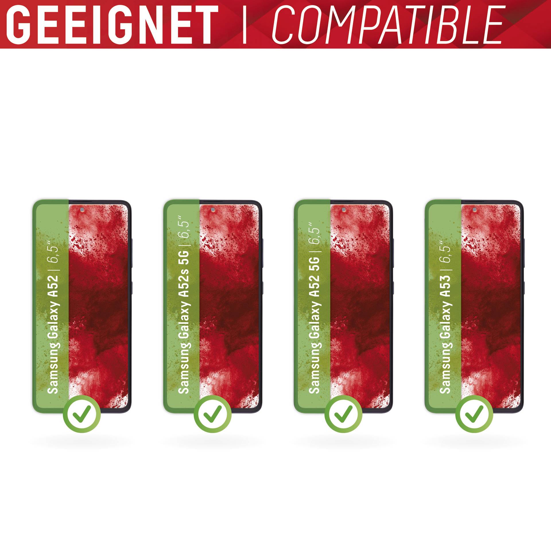 'Geeignet für Samsung Galaxy A52/55, 6,5 Zoll' erscheint oben, über vier nebeneinander liegenden Smartphones mit grünen Häkchen.