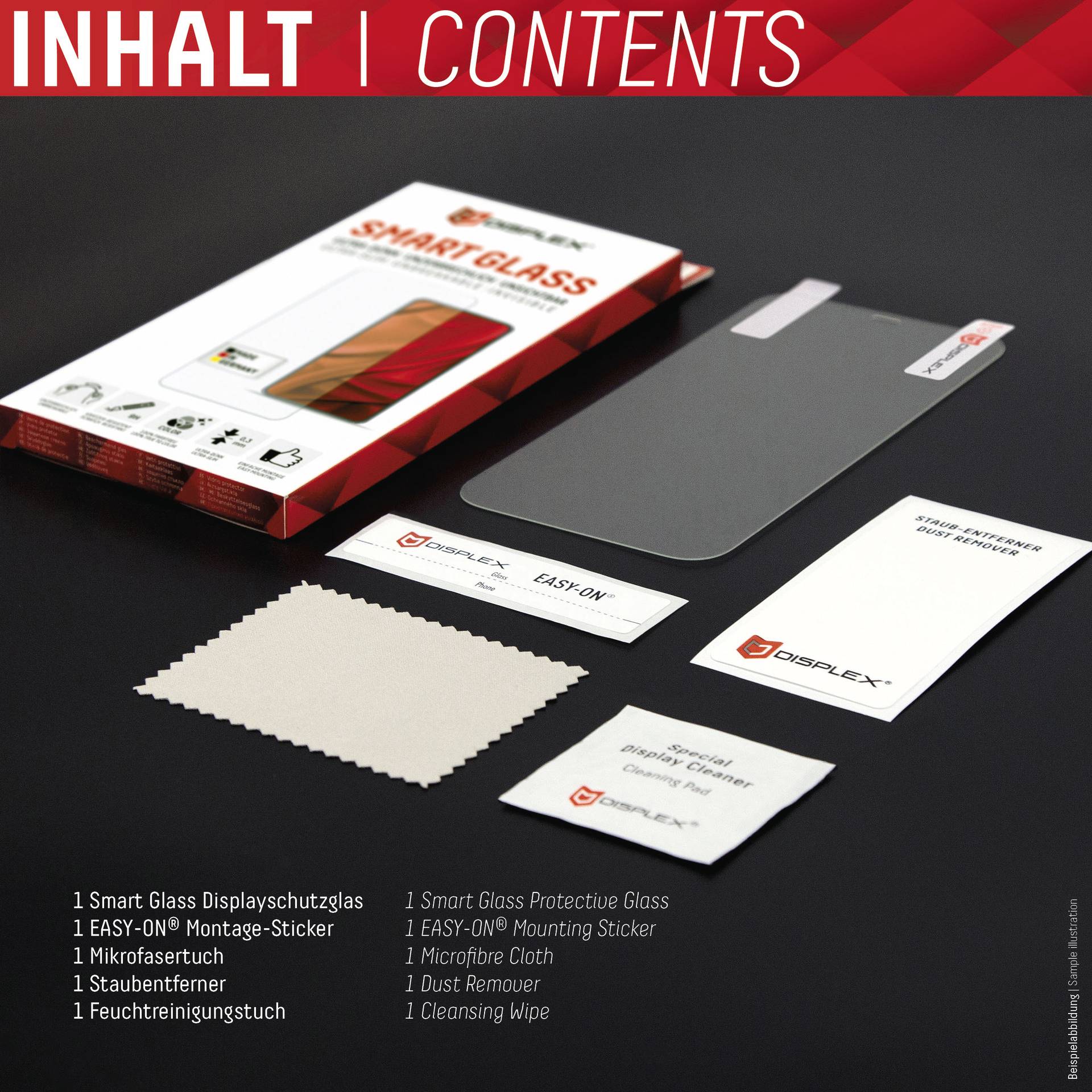 'INHALT' zeigt ein Smart Glass Displayschutz-Set mit Montage-Sticker, Mikrofasertuch, Staubentferner und Reinigungsset.