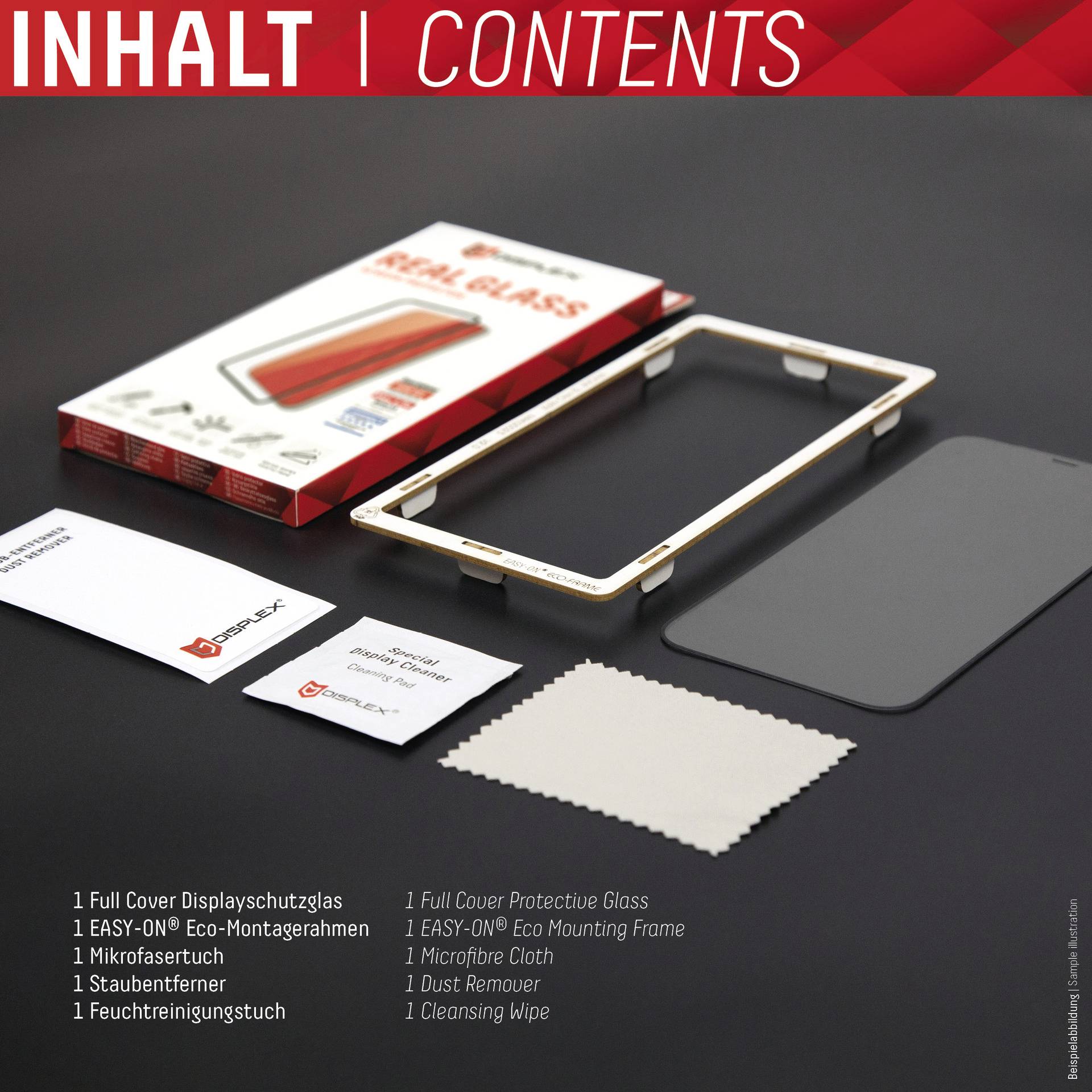 'INHALT | CONTENTS' steht oben auf dem Bild. Darunter sind Bestandteile eines Bildschirmschutz-Sets abgebildet.