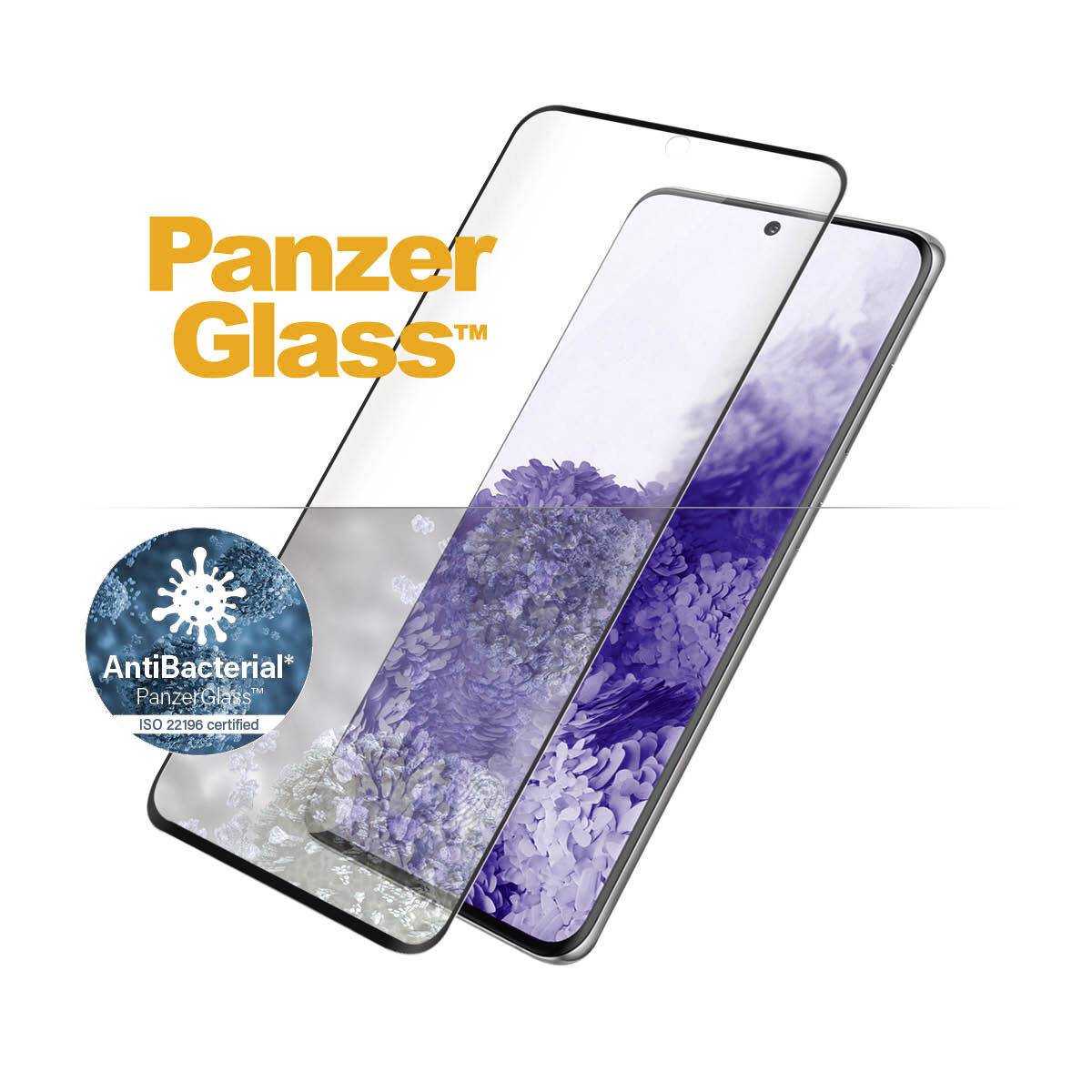 Smartphone mit Glasfolie 'PanzerGlass'. Die Folie bietet antibakteriellen Schutz, ISO 22196 zertifiziert.