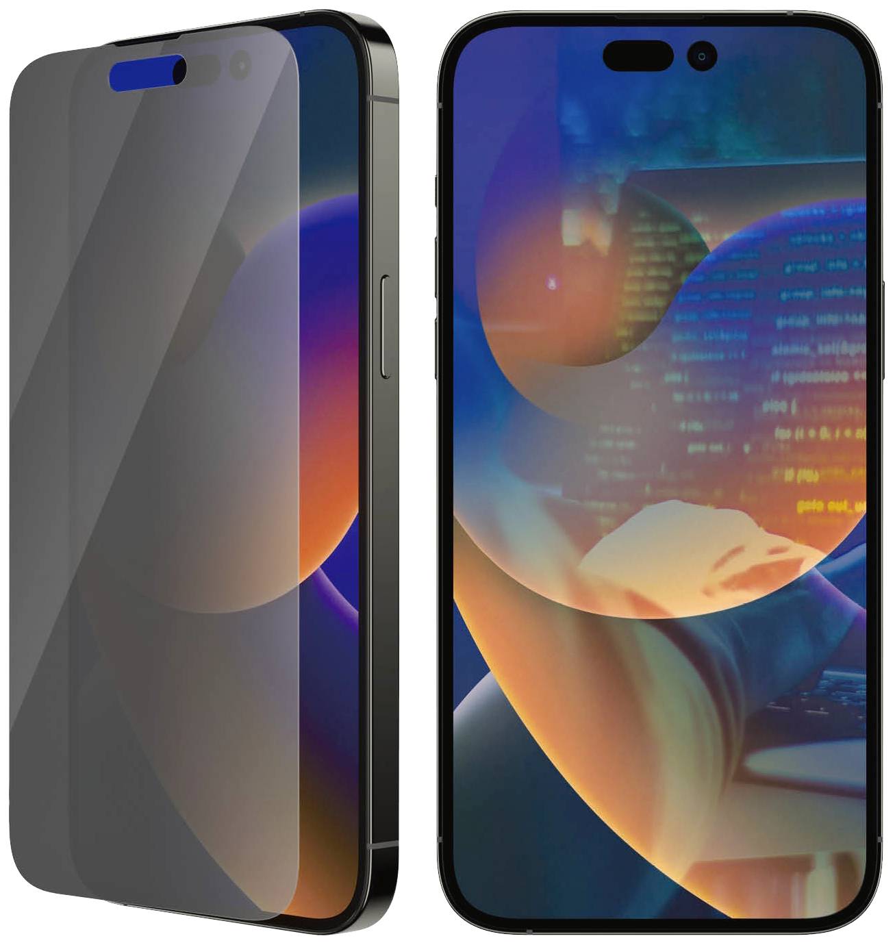 Zwei Smartphones mit schmutzabweisenden Glasschutzfolien, die den Bildschirm schützen. Sie zeigen bunte, abstrakte Bilder.