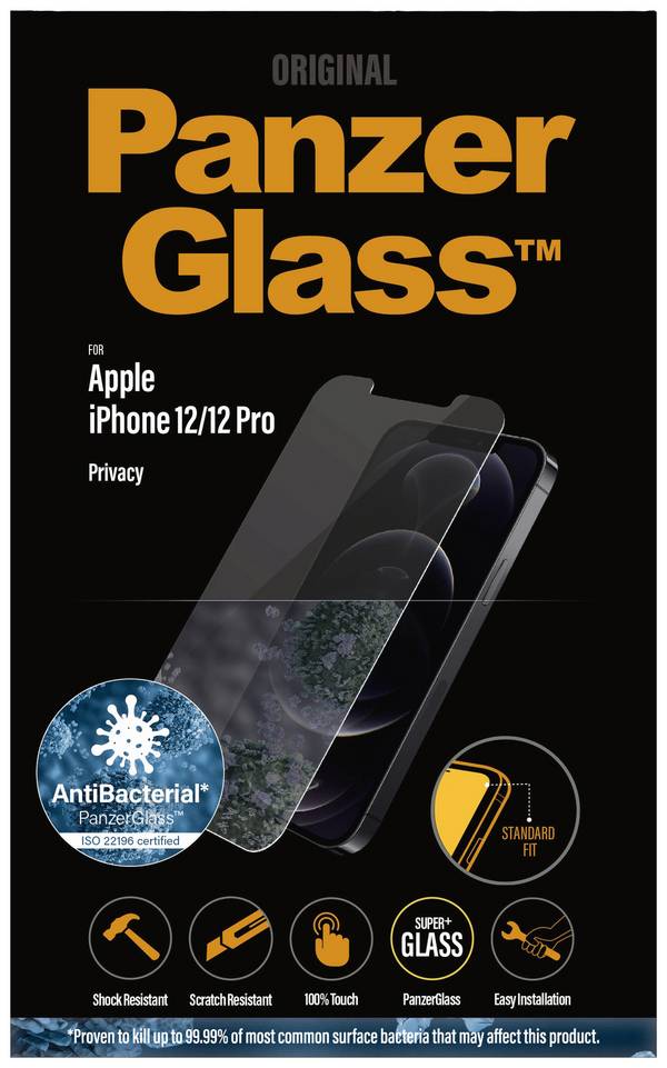 PanzerGlass Privacy Displayschutzglas mit Blickschutz Apple iPhone 12, iPhone 12 Pro 1 St. Anti-Fingerprint, antibakteriell P2708