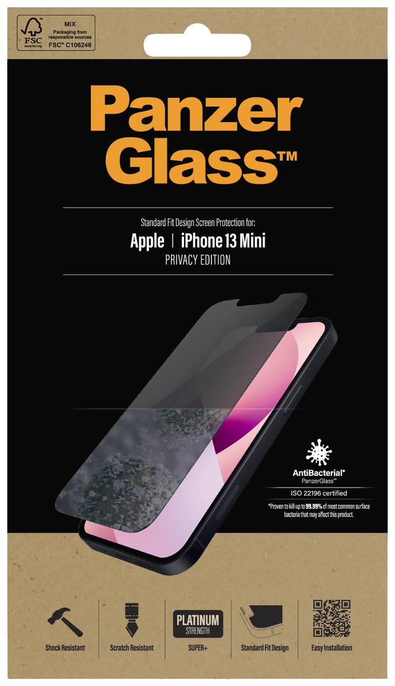 PanzerGlass Privacy Displayschutzglas mit Blickschutz Apple iPhone 13 mini 1 St. Anti-Fingerprint, antibakteriell P2741